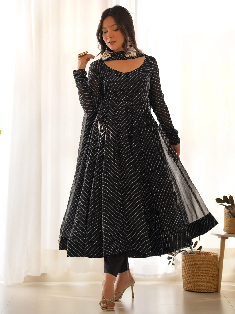 Black Magnetic Laheriya Printed Georgette Event Wear Anarkali Pant Suit
