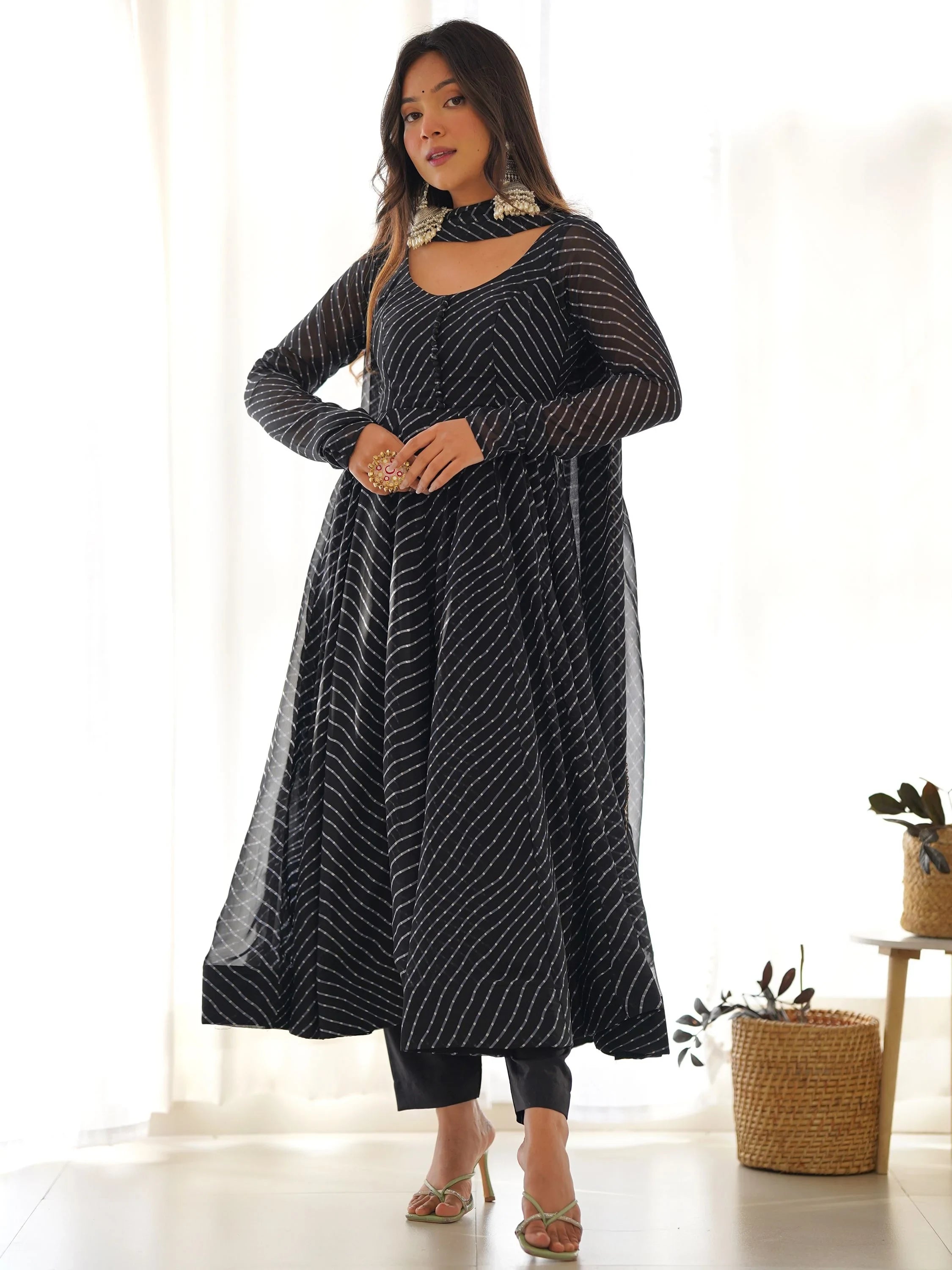 Black Magnetic Laheriya Printed Georgette Event Wear Anarkali Pant Suit