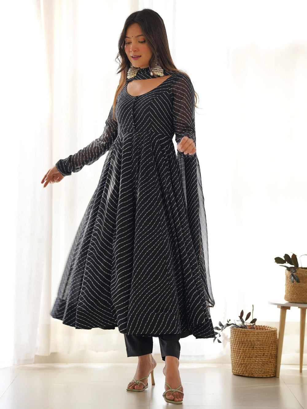 Black Magnetic Laheriya Printed Georgette Event Wear Anarkali Pant Suit