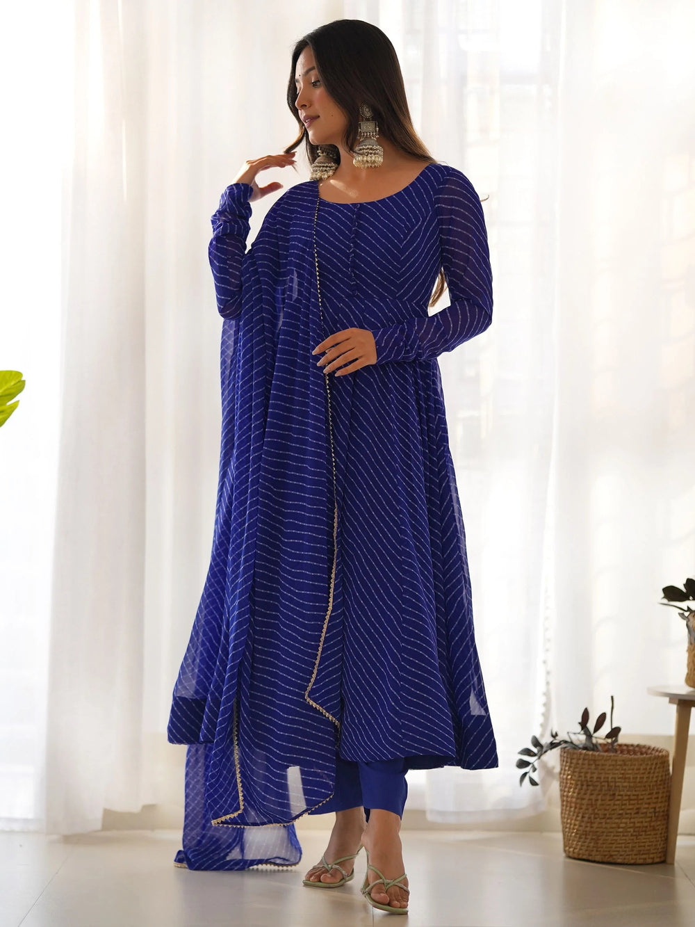 Blue Magnetic Laheriya Printed Georgette Event Wear Anarkali Pant Suit