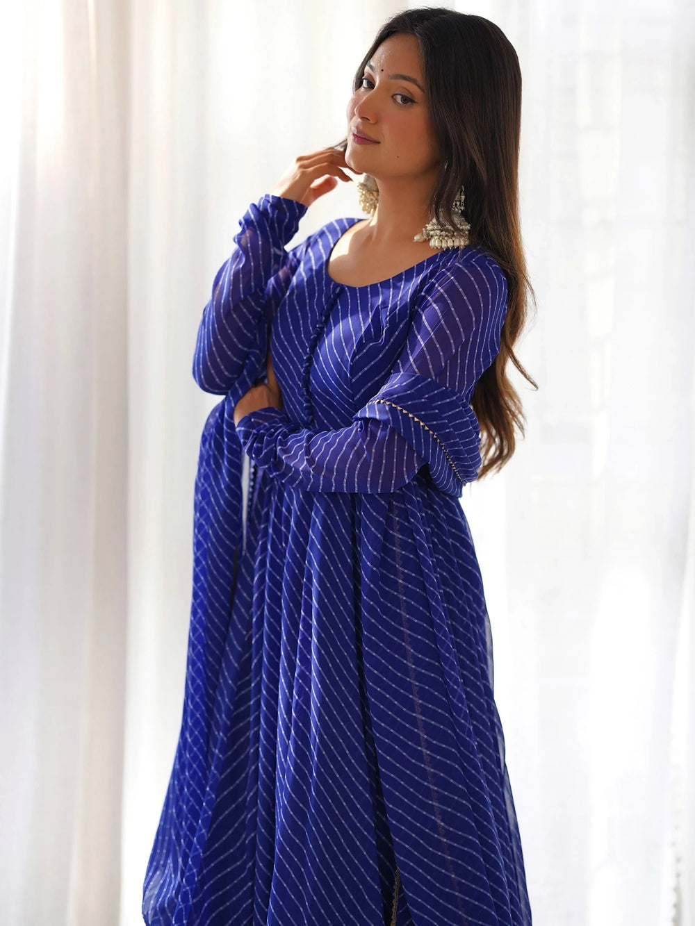 Blue Magnetic Laheriya Printed Georgette Event Wear Anarkali Pant Suit