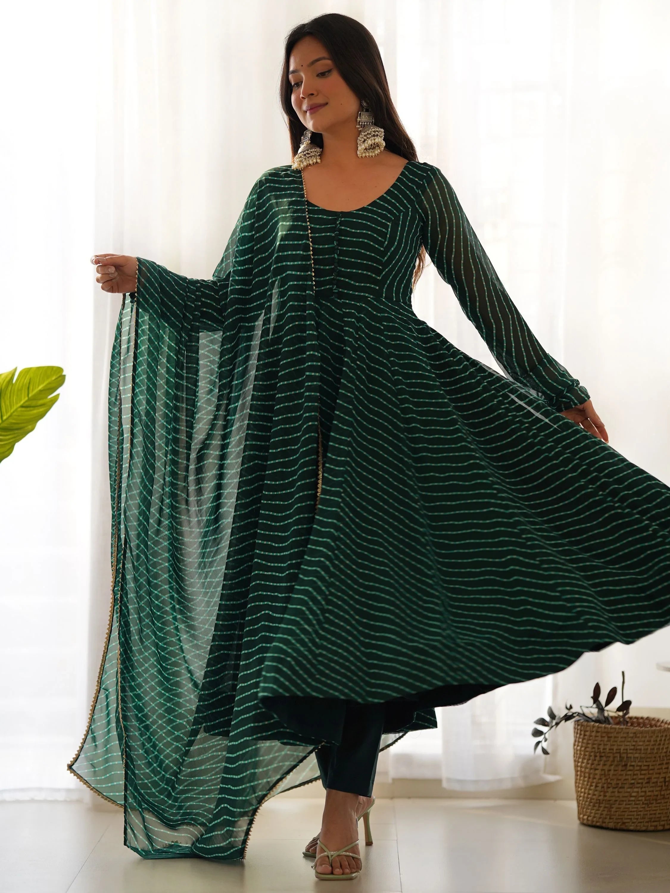 Green Magnetic Laheriya Printed Georgette Event Wear Anarkali Pant Suit