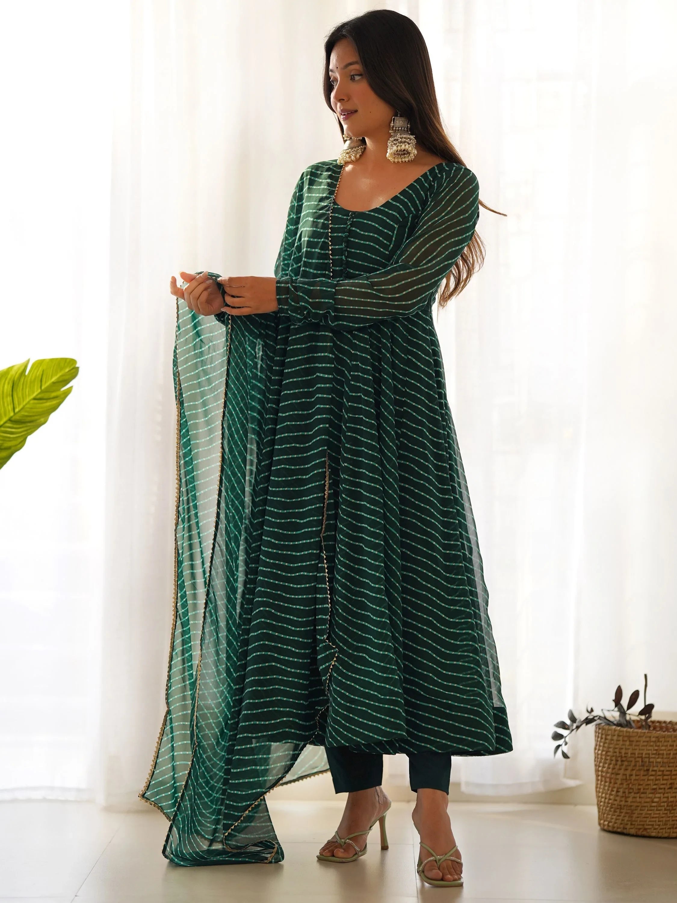 Green Magnetic Laheriya Printed Georgette Event Wear Anarkali Pant Suit