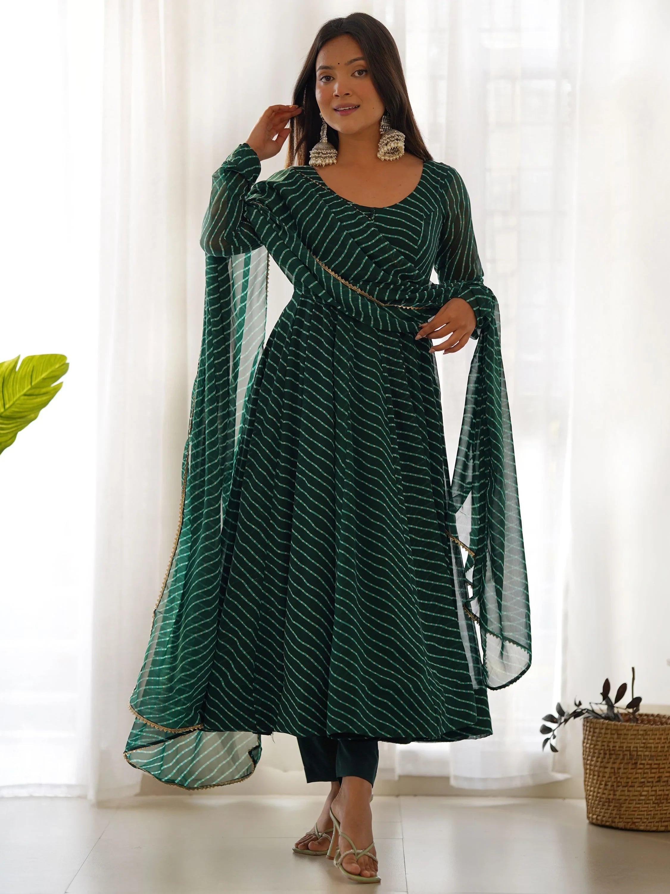 Green Magnetic Laheriya Printed Georgette Event Wear Anarkali Pant Suit