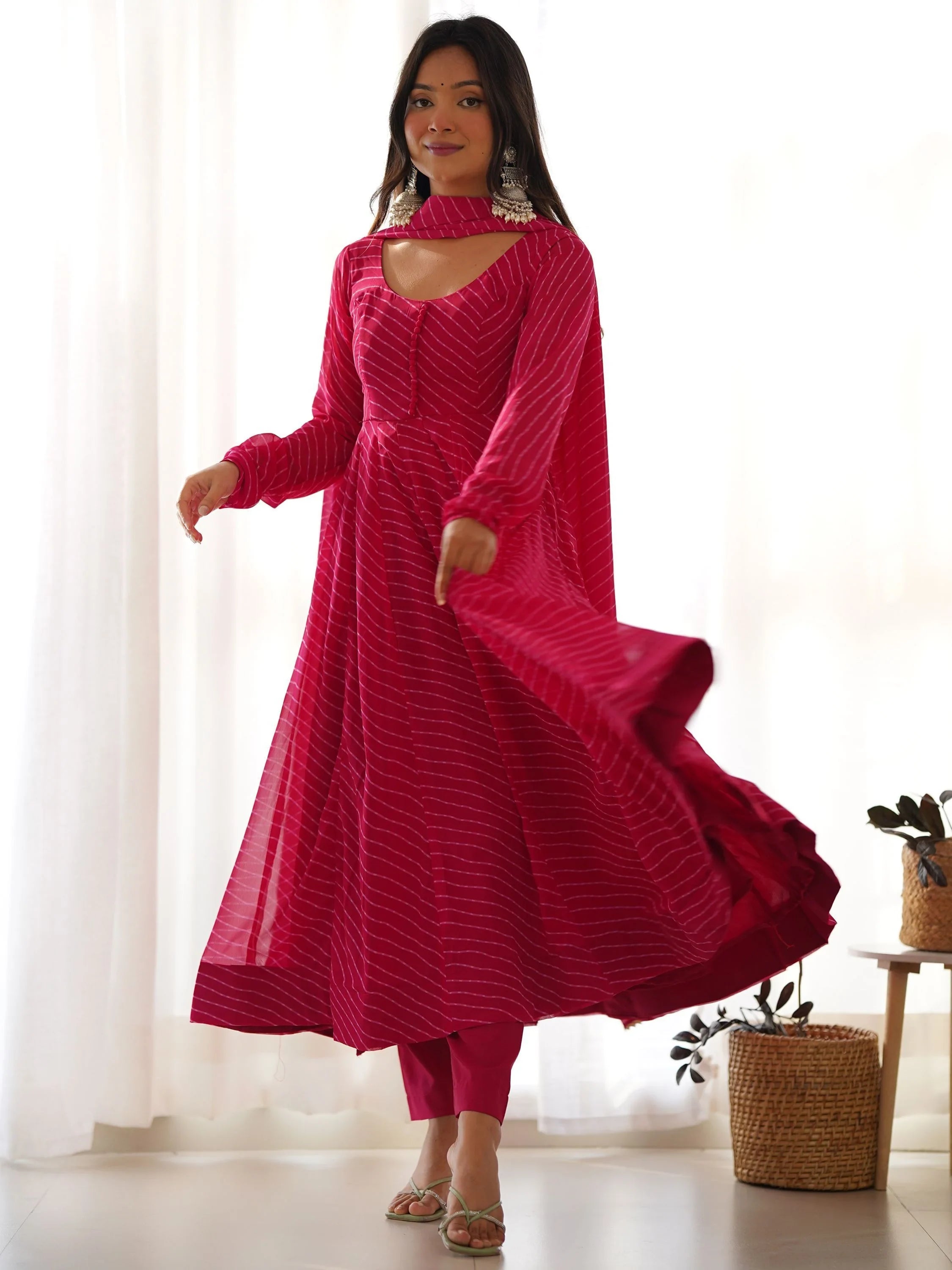 Pink Magnetic Laheriya Printed Georgette Event Wear Anarkali Pant Suit