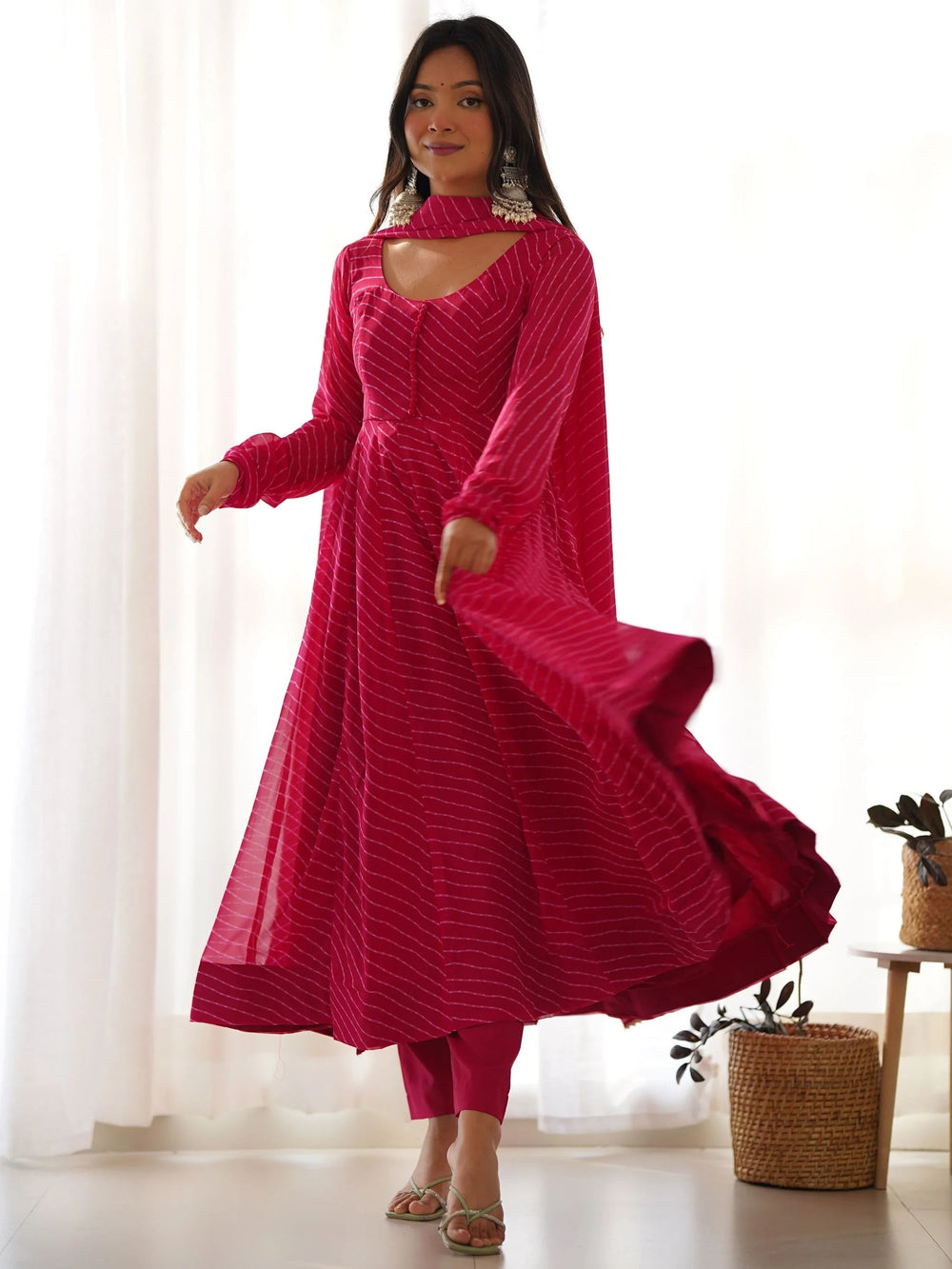 Pink Magnetic Laheriya Printed Georgette Event Wear Anarkali Pant Suit