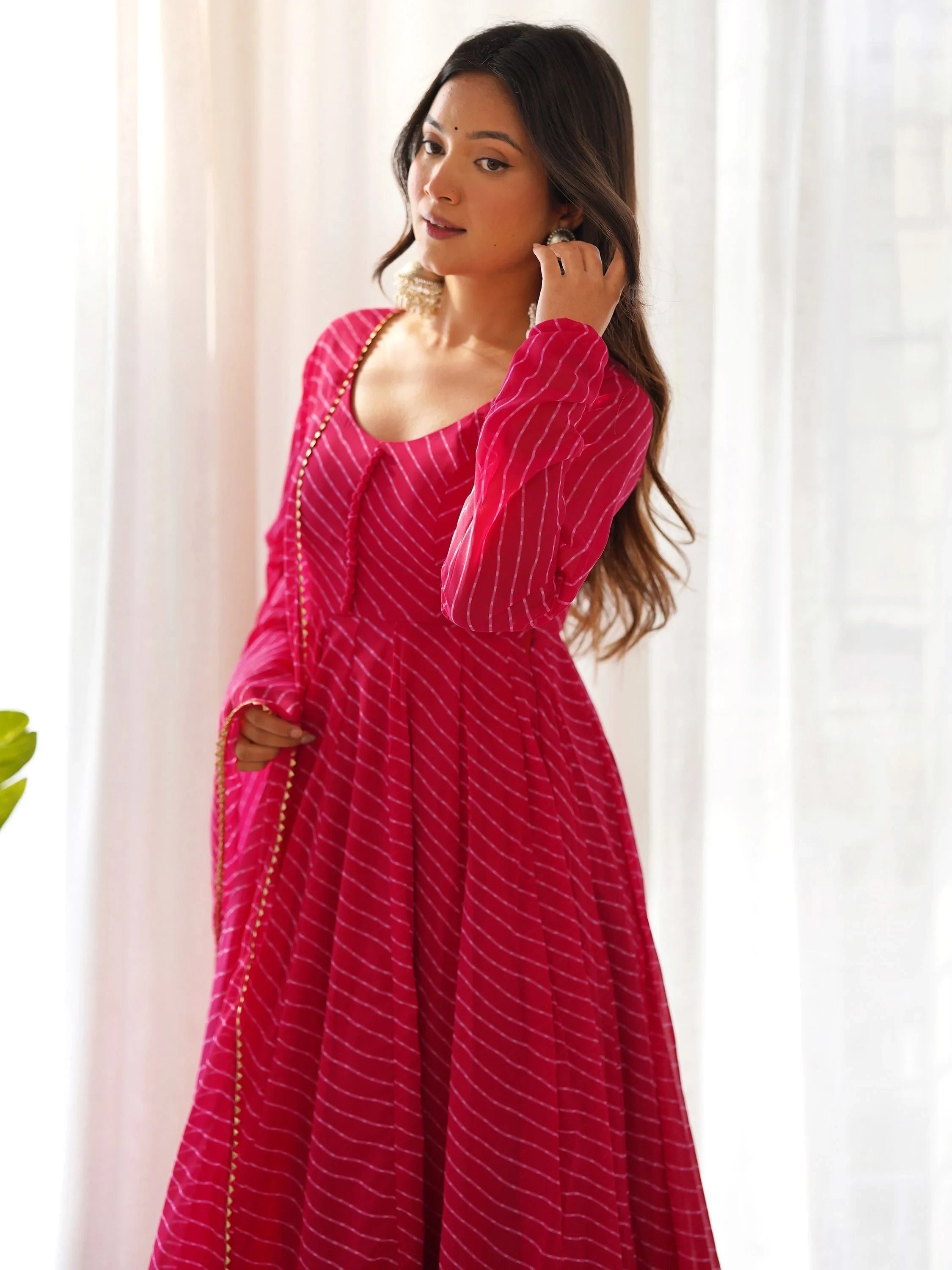 Pink Magnetic Laheriya Printed Georgette Event Wear Anarkali Pant Suit