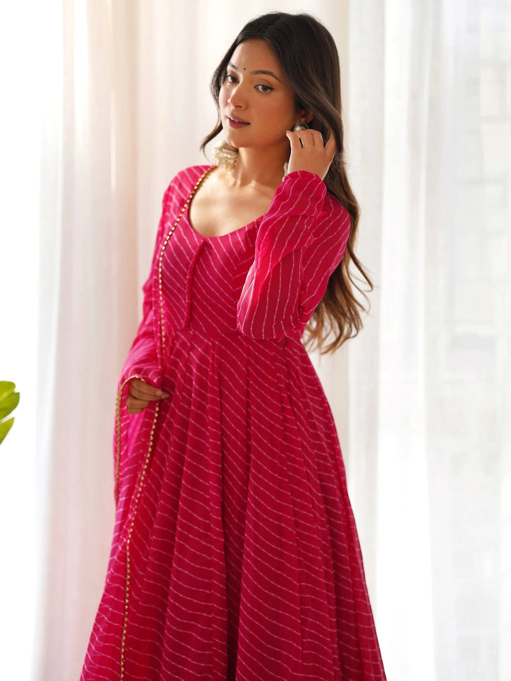 Pink Magnetic Laheriya Printed Georgette Event Wear Anarkali Pant Suit