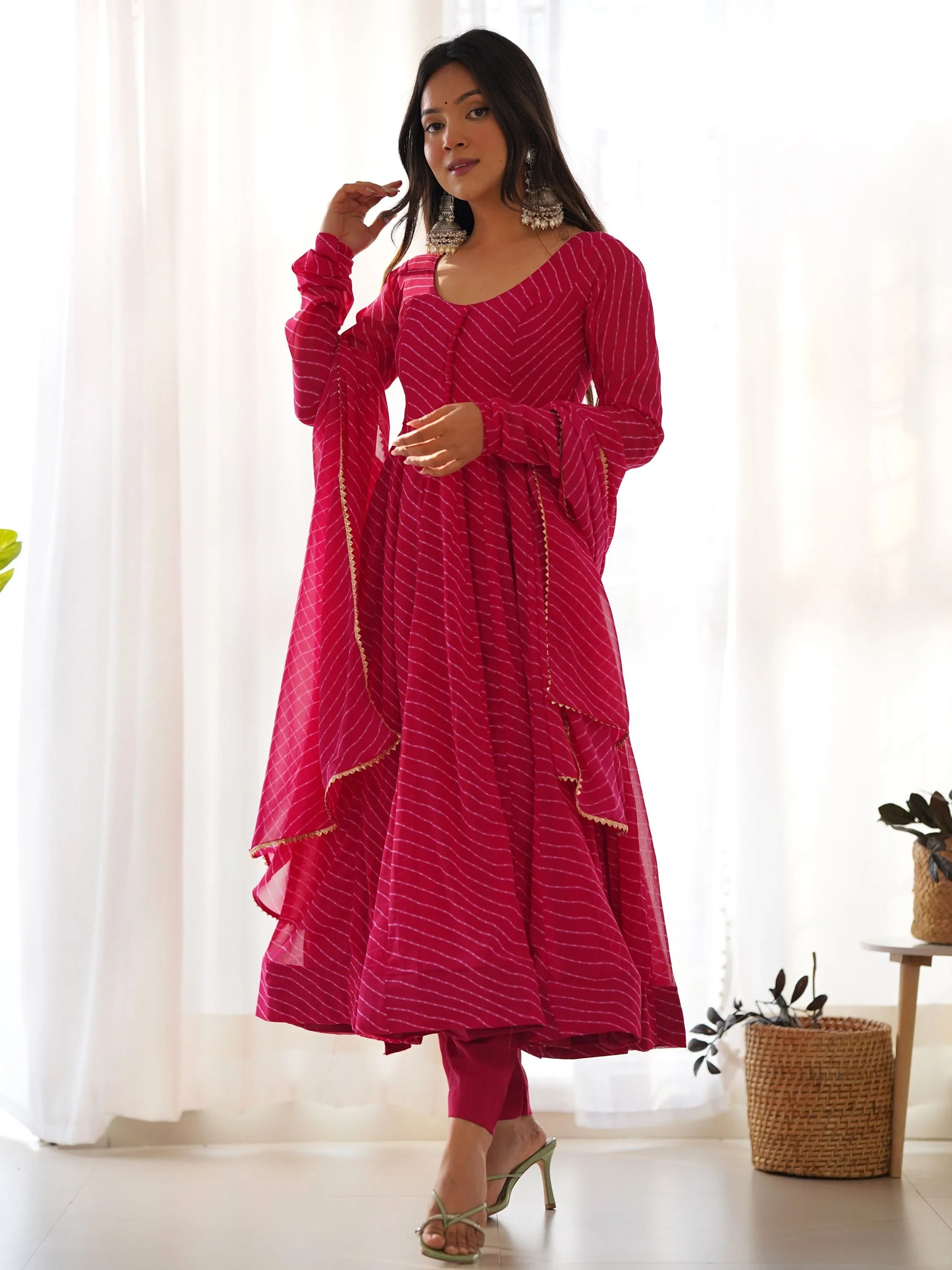Pink Magnetic Laheriya Printed Georgette Event Wear Anarkali Pant Suit