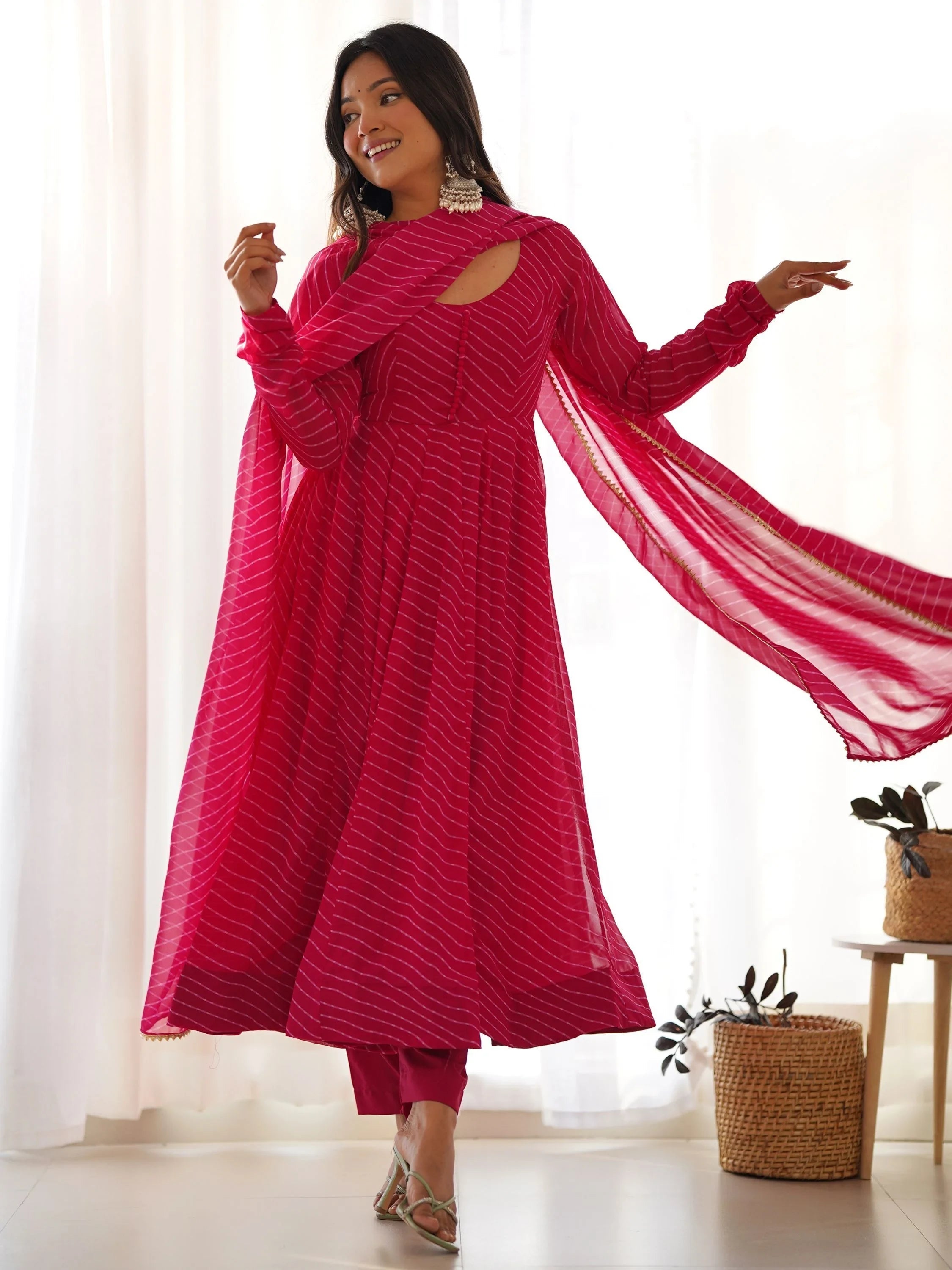 Pink Magnetic Laheriya Printed Georgette Event Wear Anarkali Pant Suit