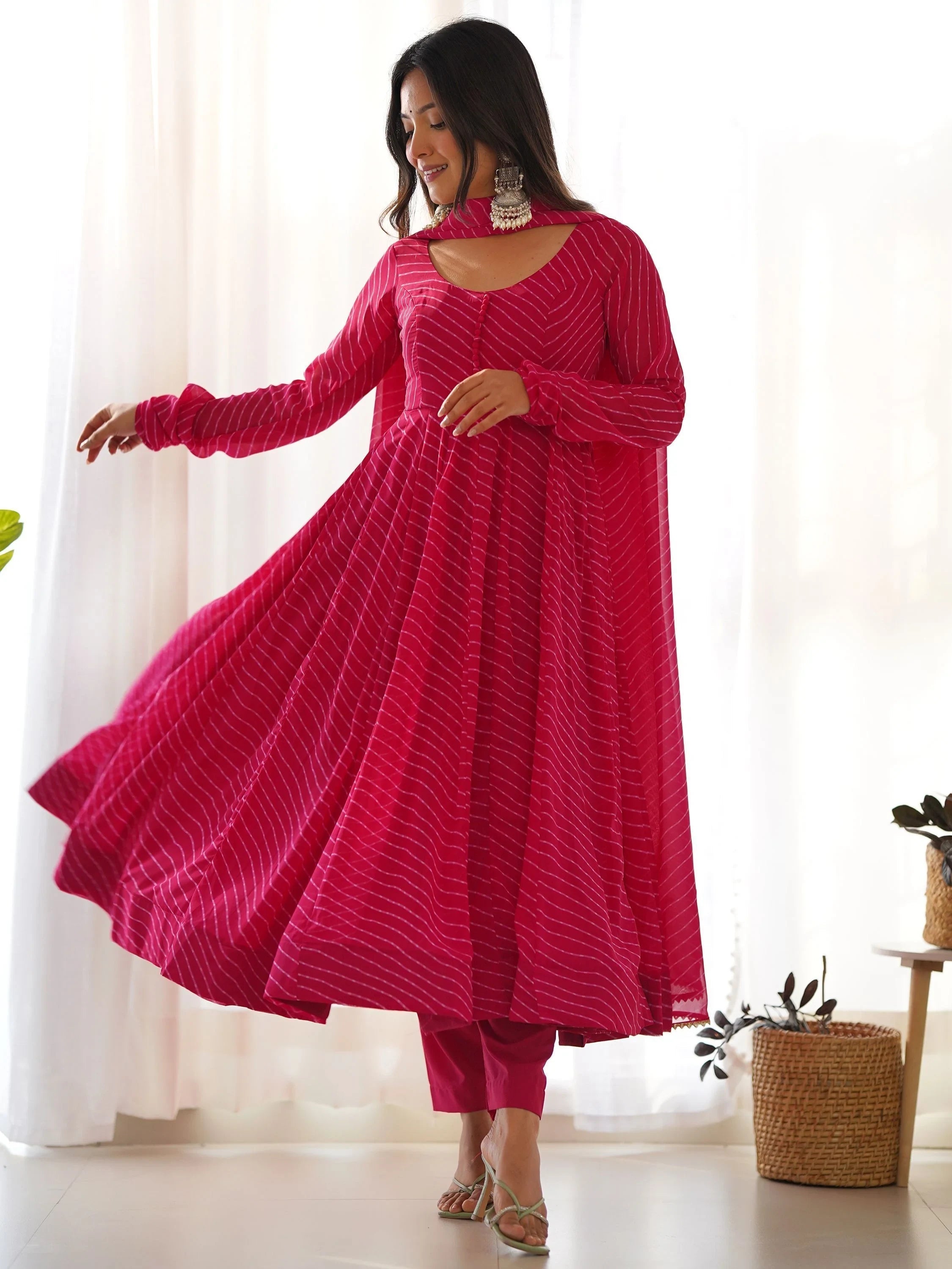 Pink Magnetic Laheriya Printed Georgette Event Wear Anarkali Pant Suit