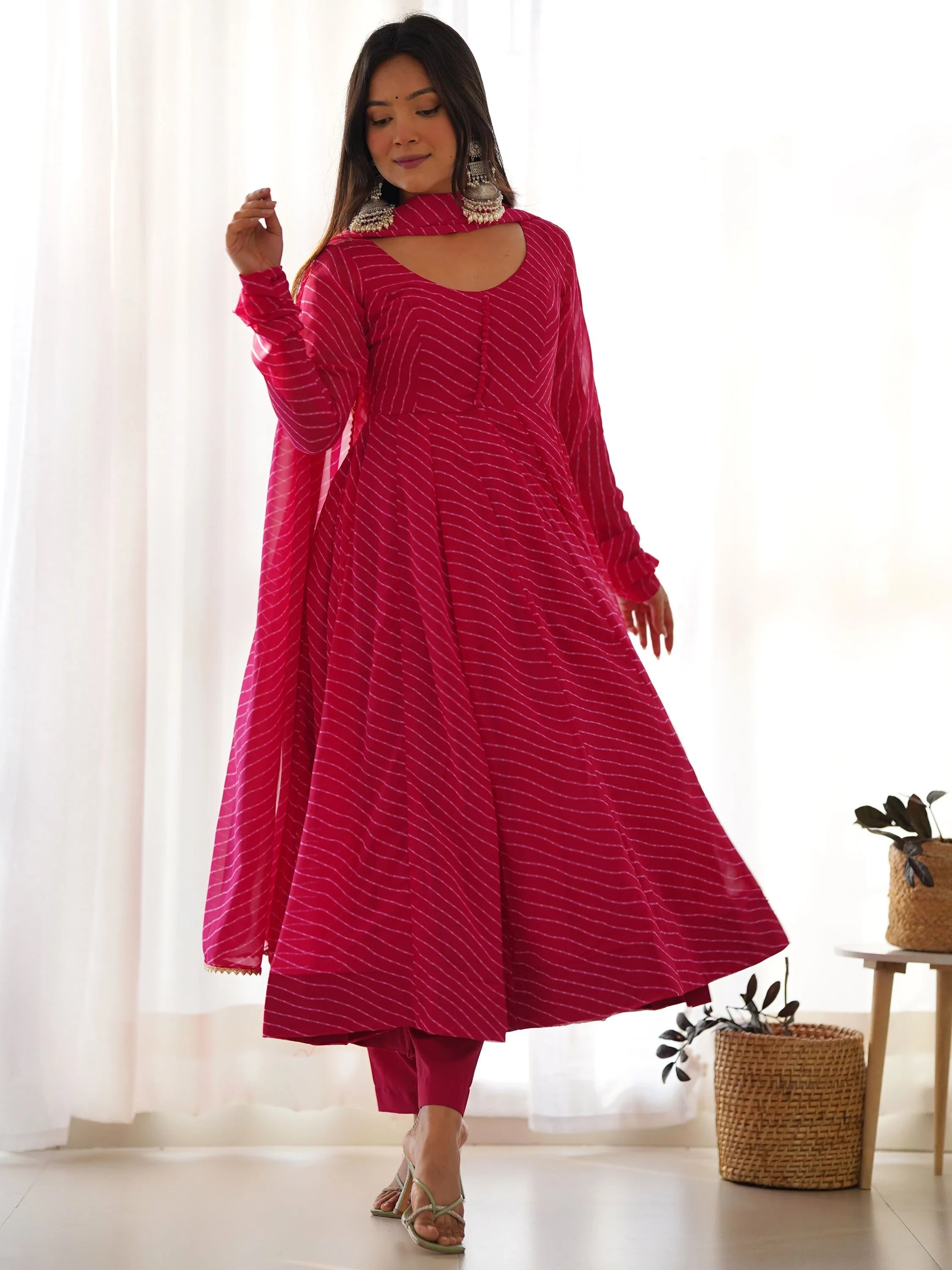 Pink Magnetic Laheriya Printed Georgette Event Wear Anarkali Pant Suit