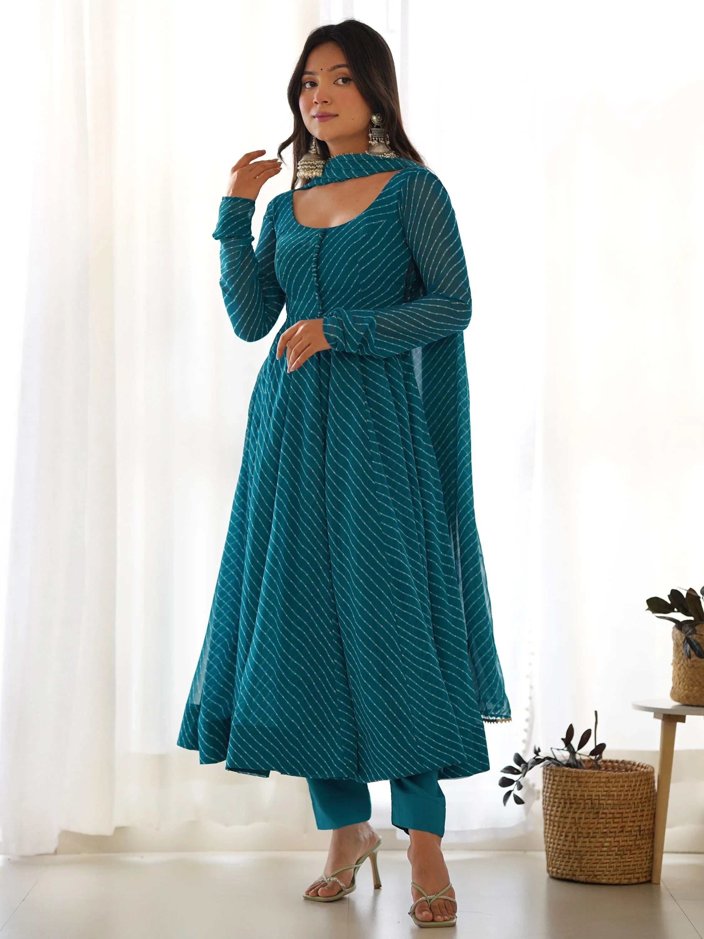 Teal Magnetic Laheriya Printed Georgette Event Wear Anarkali Pant Suit