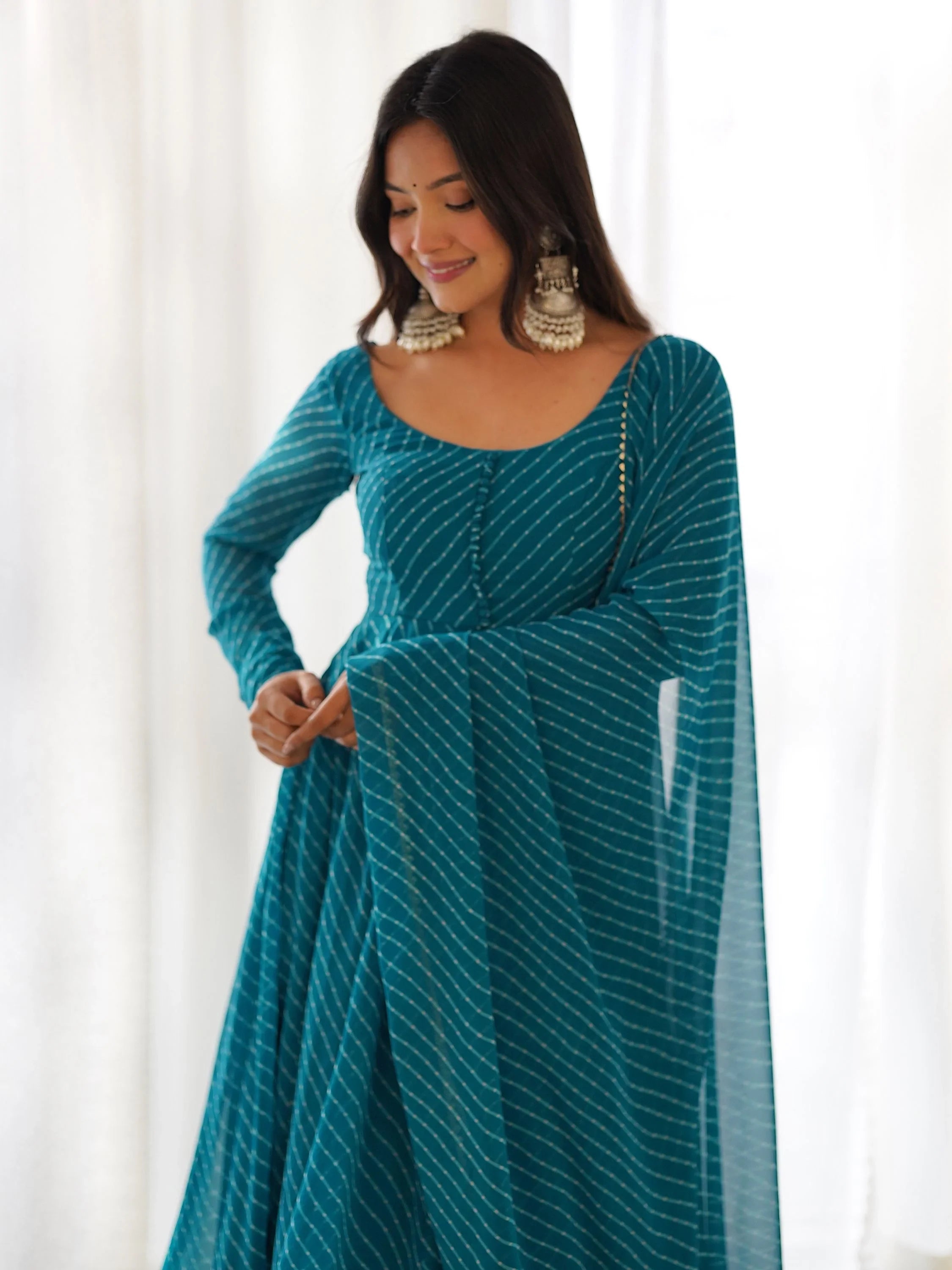 Teal Magnetic Laheriya Printed Georgette Event Wear Anarkali Pant Suit