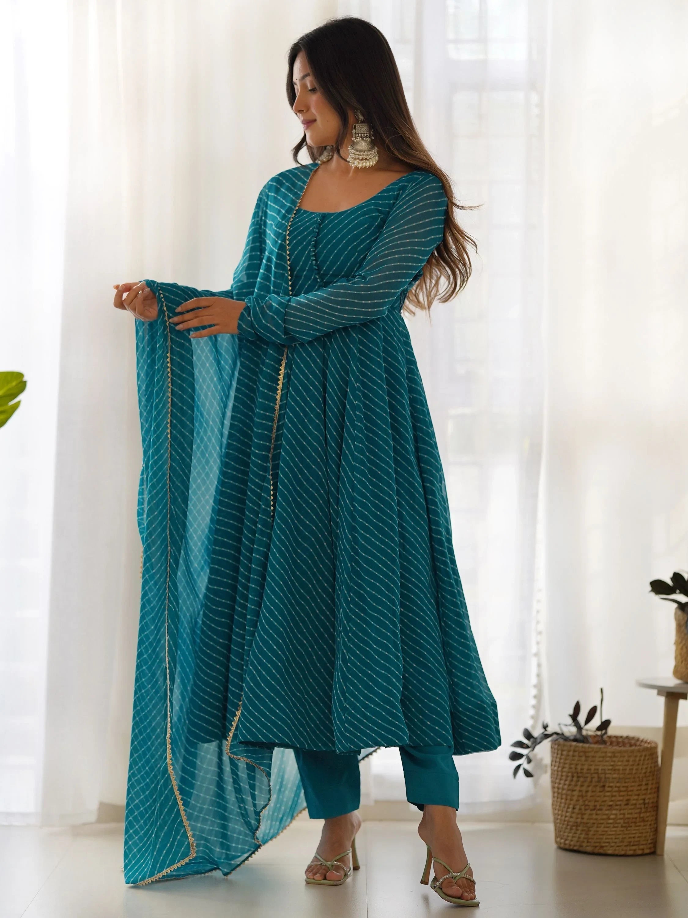 Teal Magnetic Laheriya Printed Georgette Event Wear Anarkali Pant Suit
