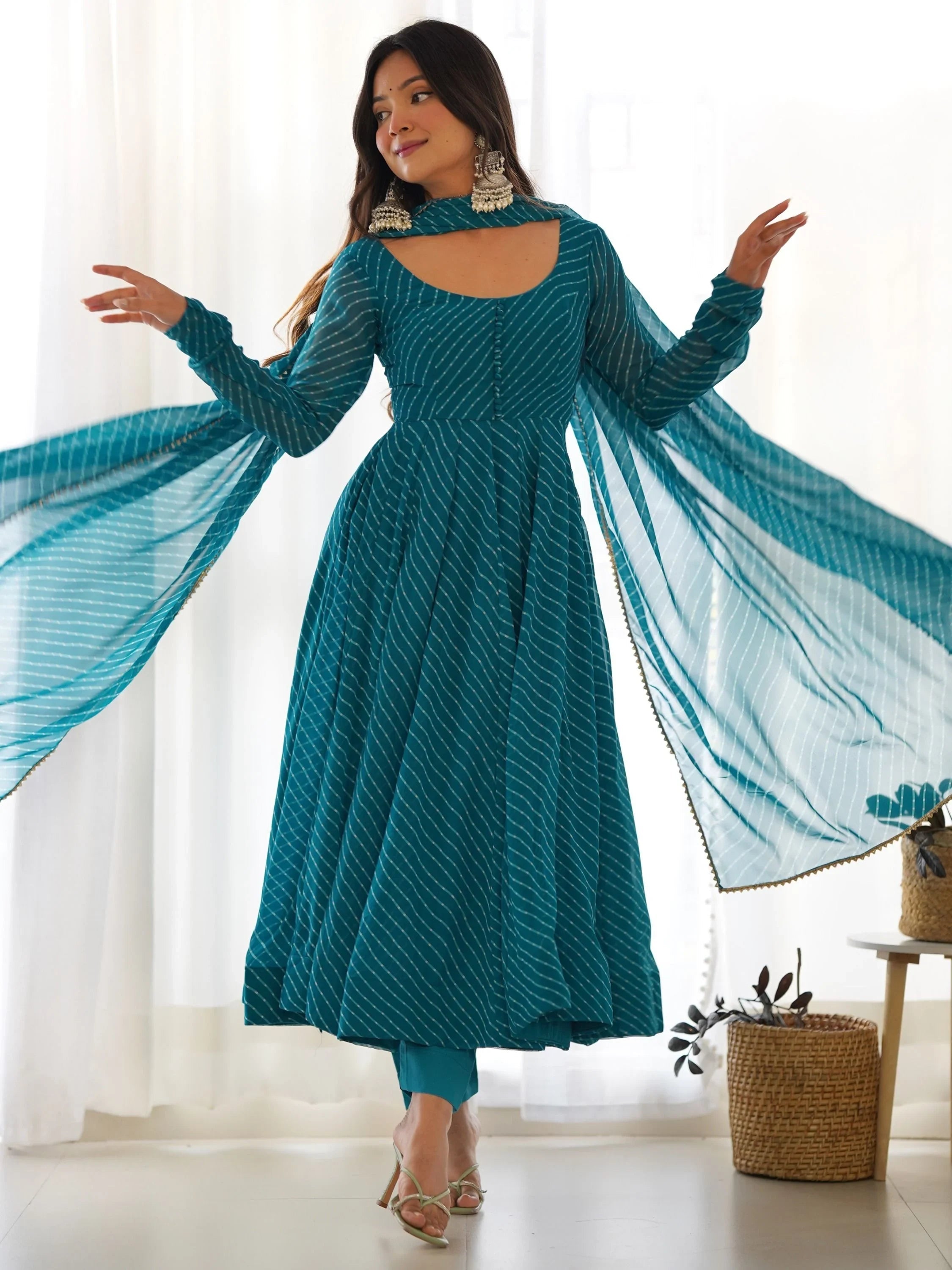 Teal Magnetic Laheriya Printed Georgette Event Wear Anarkali Pant Suit