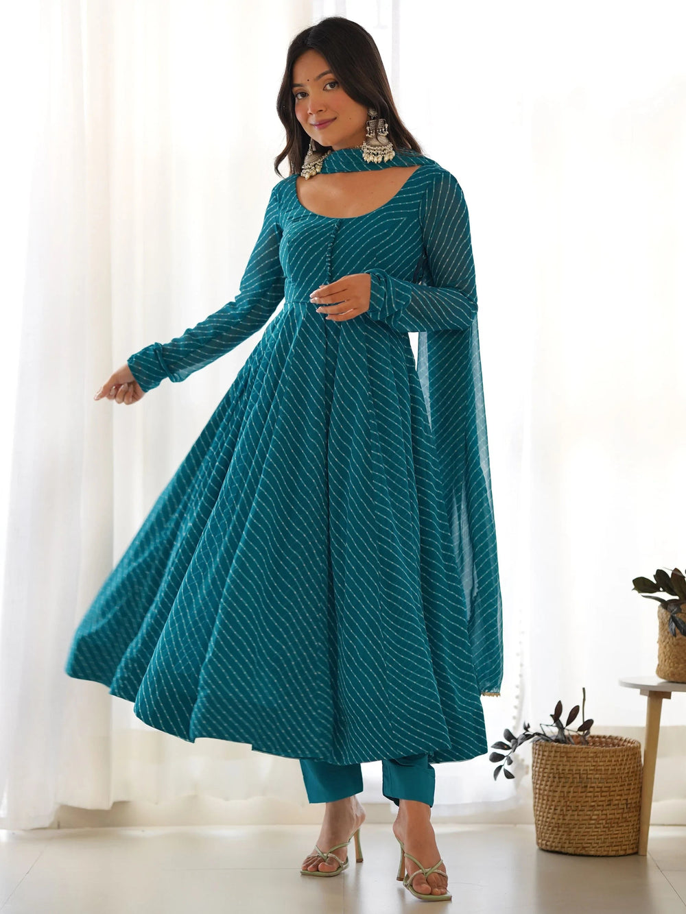 Teal Magnetic Laheriya Printed Georgette Event Wear Anarkali Pant Suit