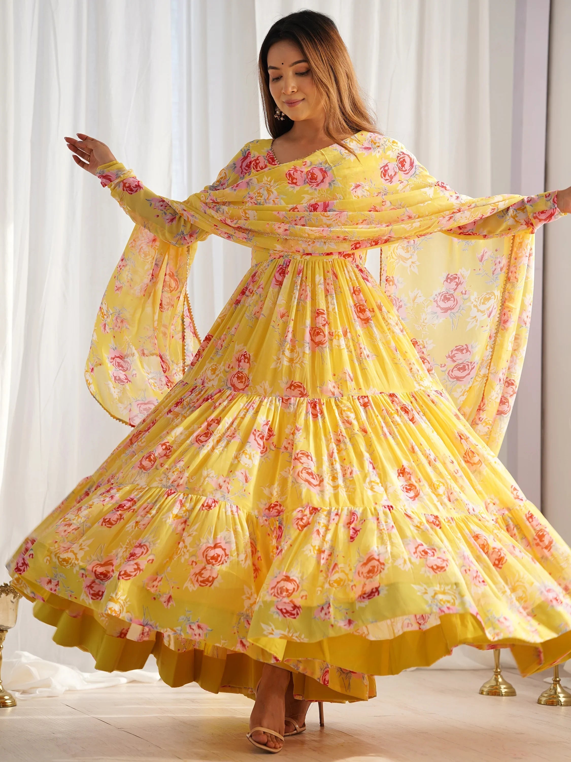 Yellow Stylish Floral Printed Georgette Anarkali Pant Suit
