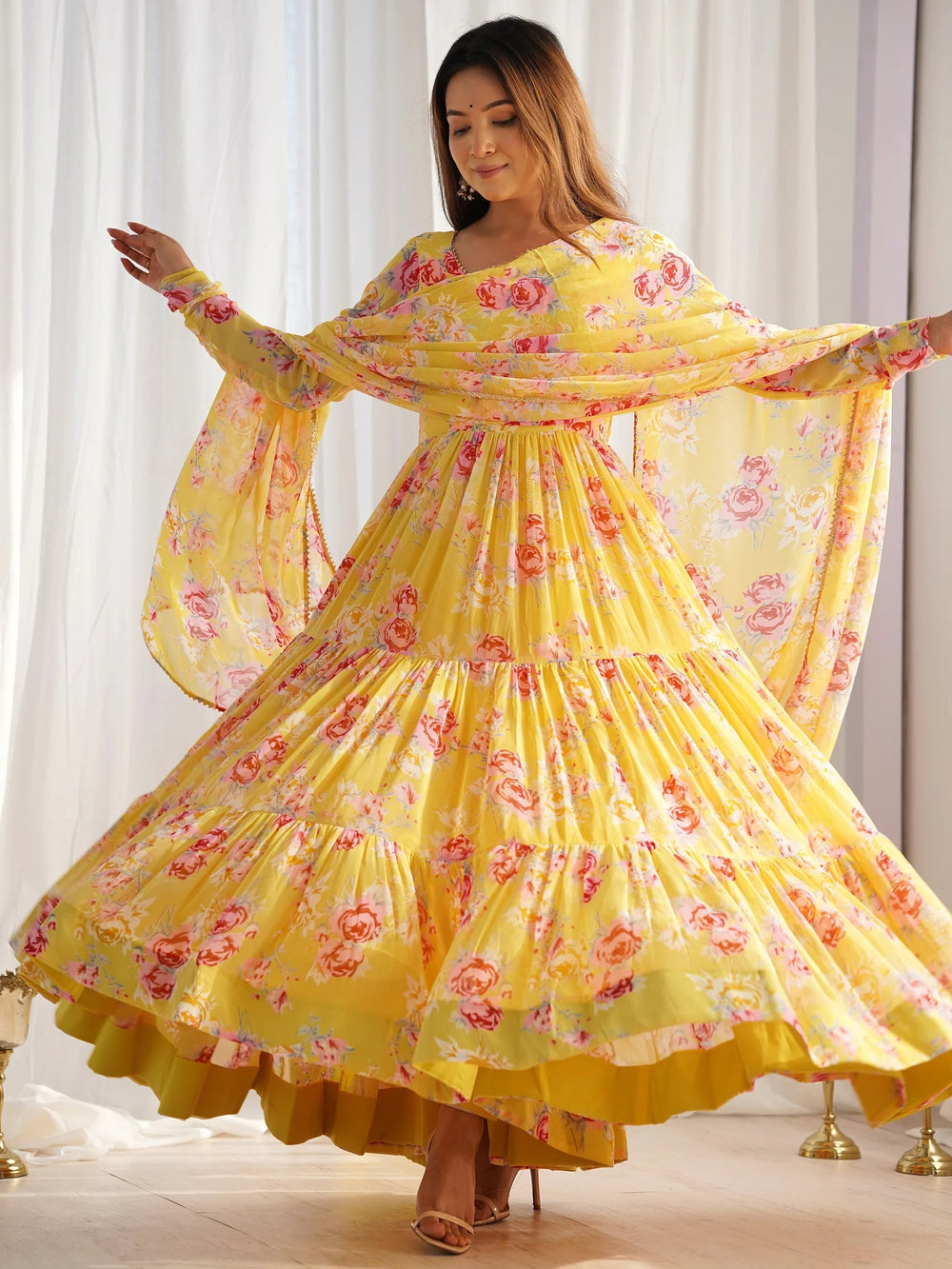 Yellow Stylish Floral Printed Georgette Anarkali Pant Suit