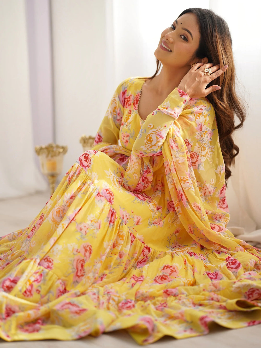 Yellow Stylish Floral Printed Georgette Anarkali Pant Suit