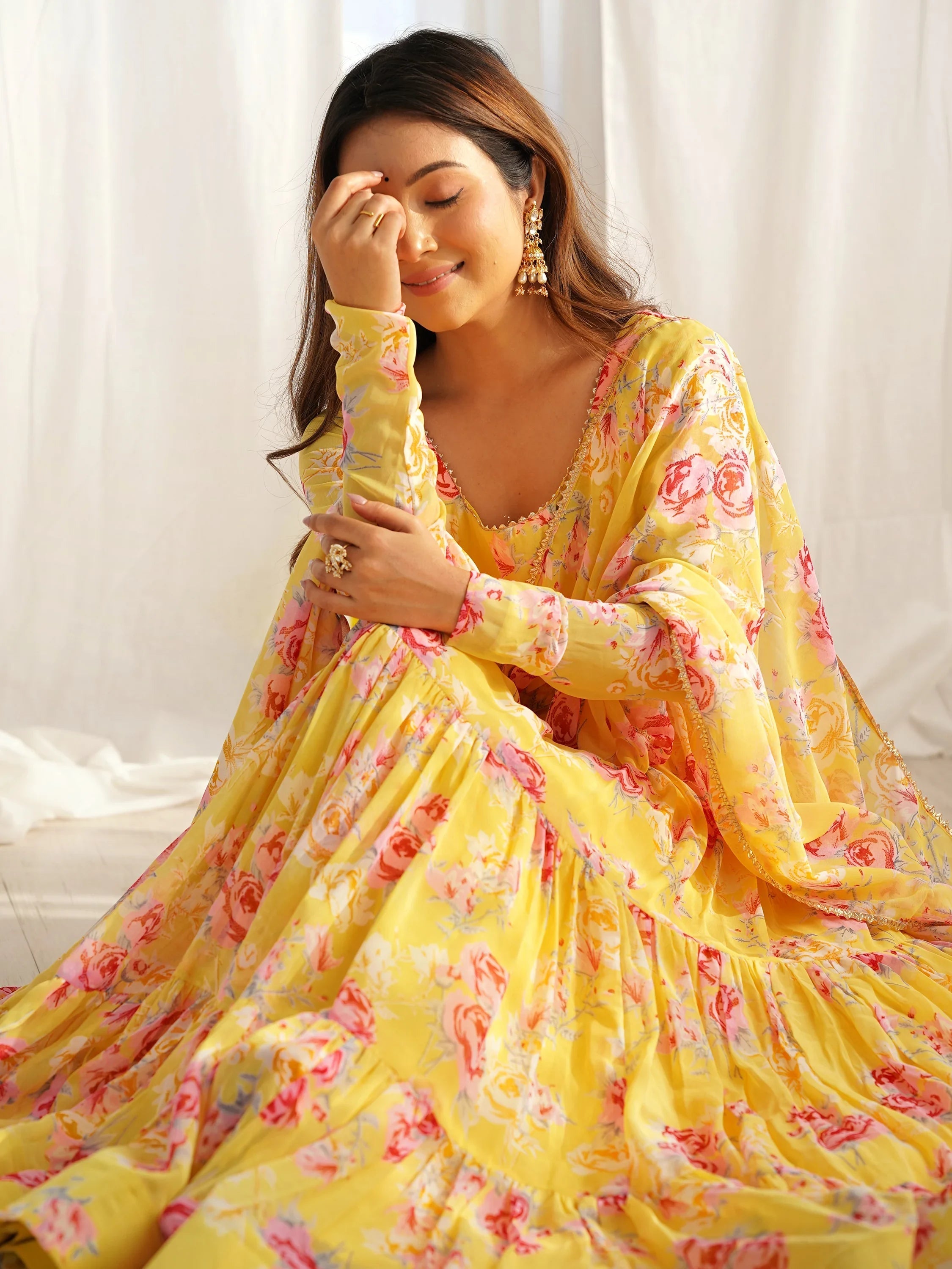 Yellow Stylish Floral Printed Georgette Anarkali Pant Suit