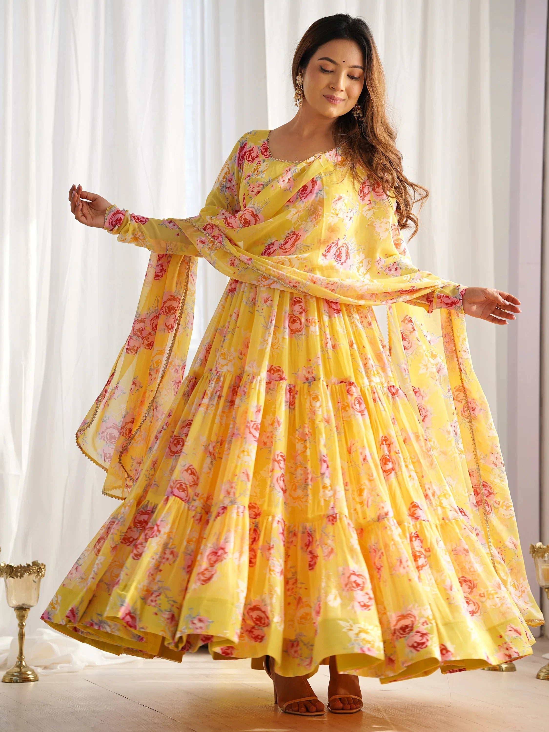 Yellow Stylish Floral Printed Georgette Anarkali Pant Suit