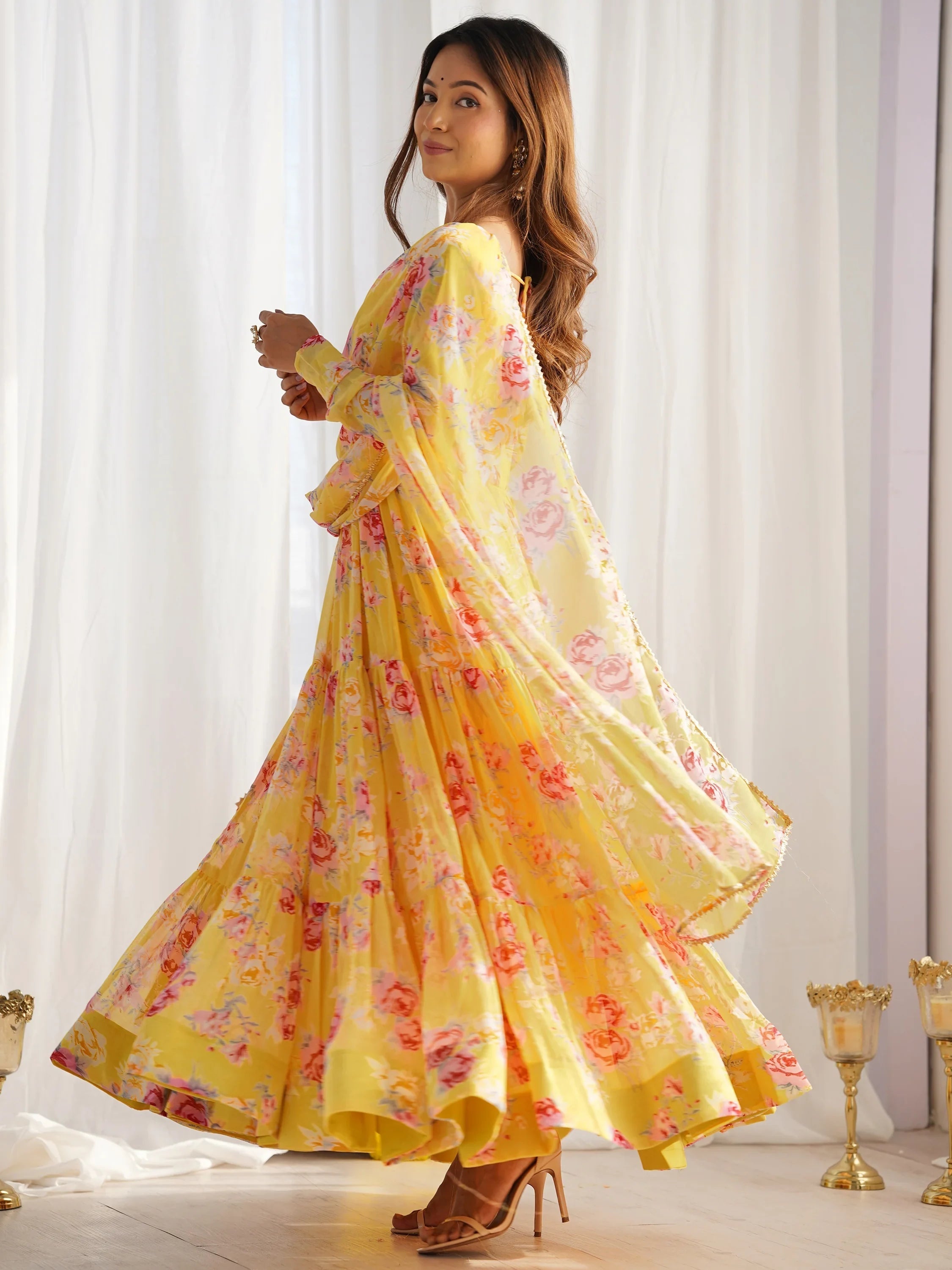 Yellow Stylish Floral Printed Georgette Anarkali Pant Suit