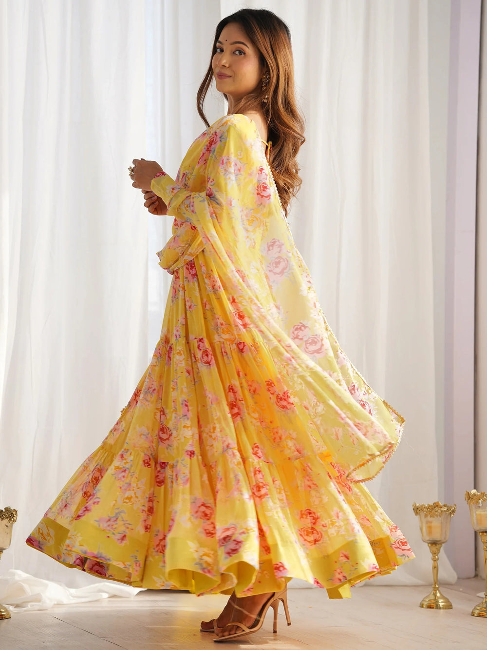 Yellow Stylish Floral Printed Georgette Anarkali Pant Suit