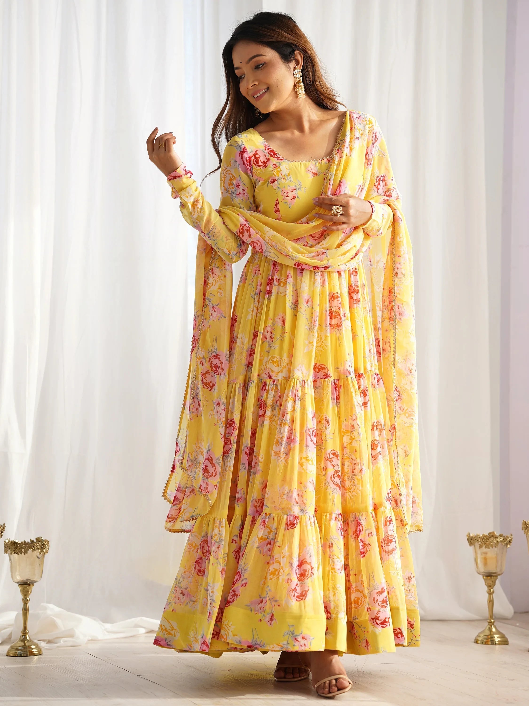 Yellow Stylish Floral Printed Georgette Anarkali Pant Suit