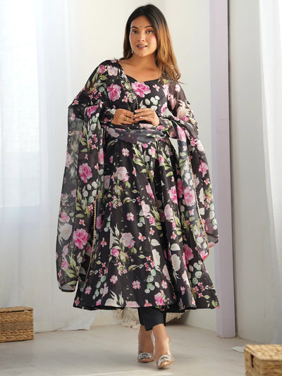 Black Floral Printed Organza Anarkali Suit With Dupatta for Women