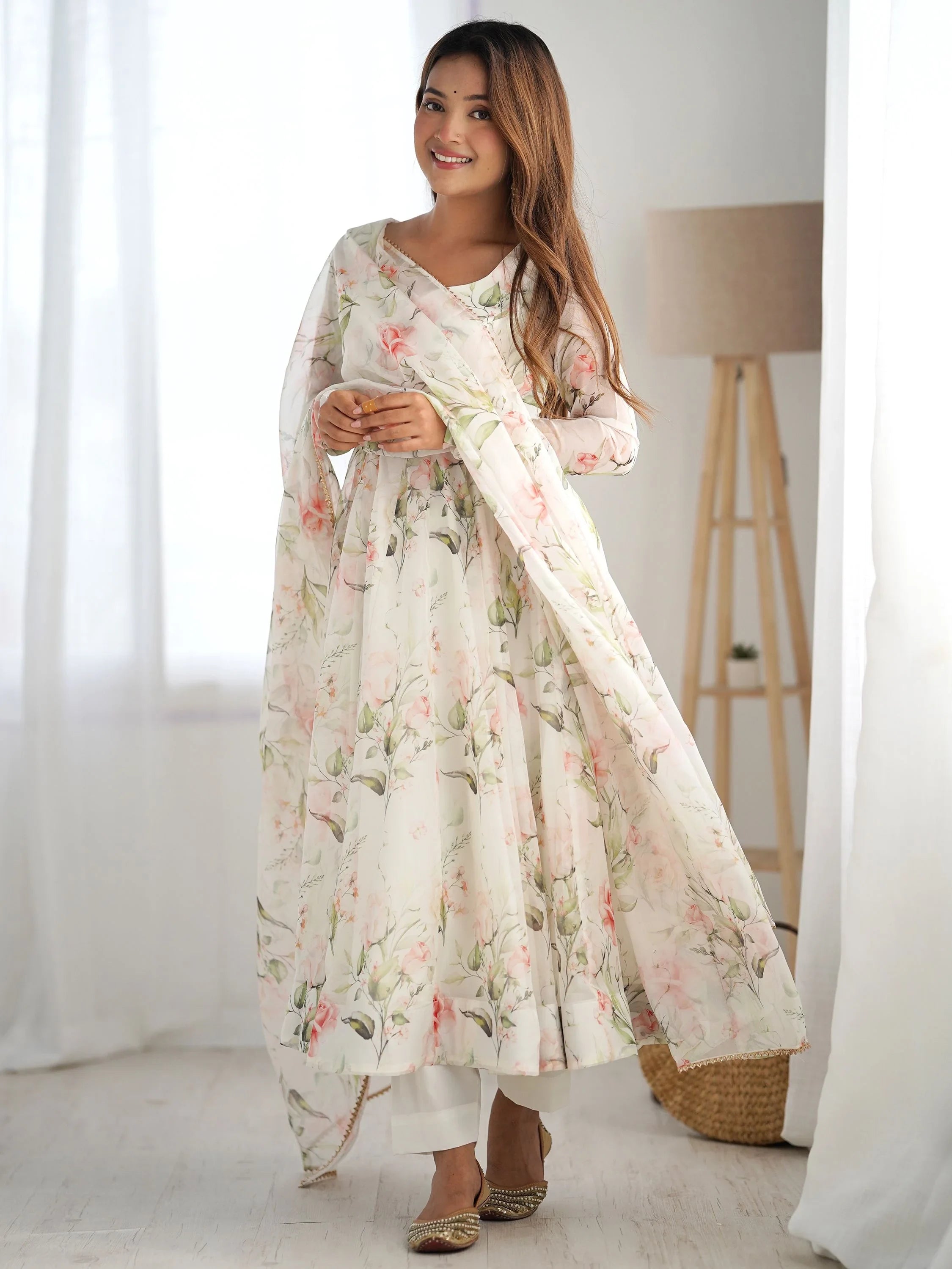 White Floral Printed Organza Anarkali Suit With Dupatta for Women