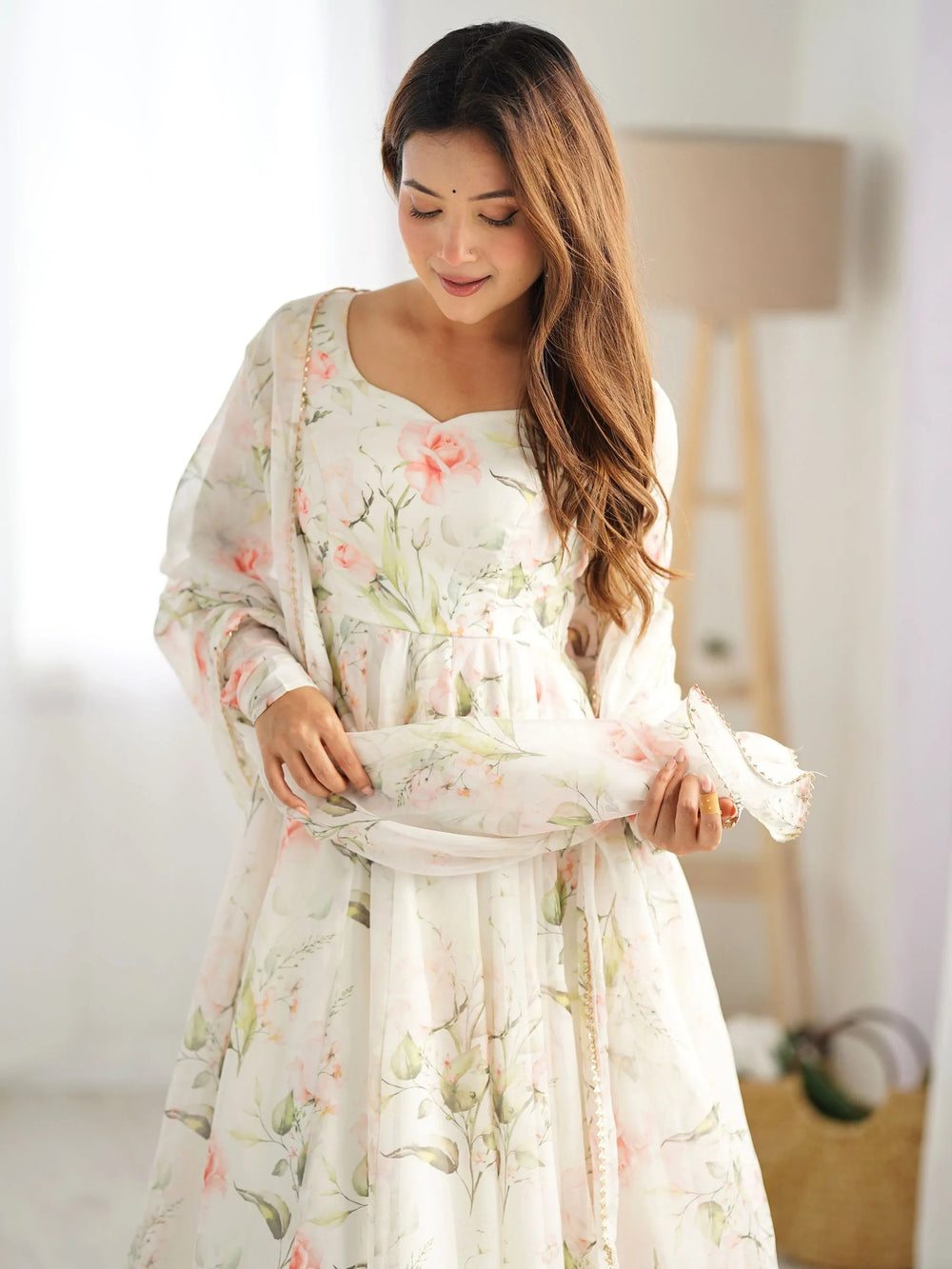 White Floral Printed Organza Anarkali Suit With Dupatta for Women