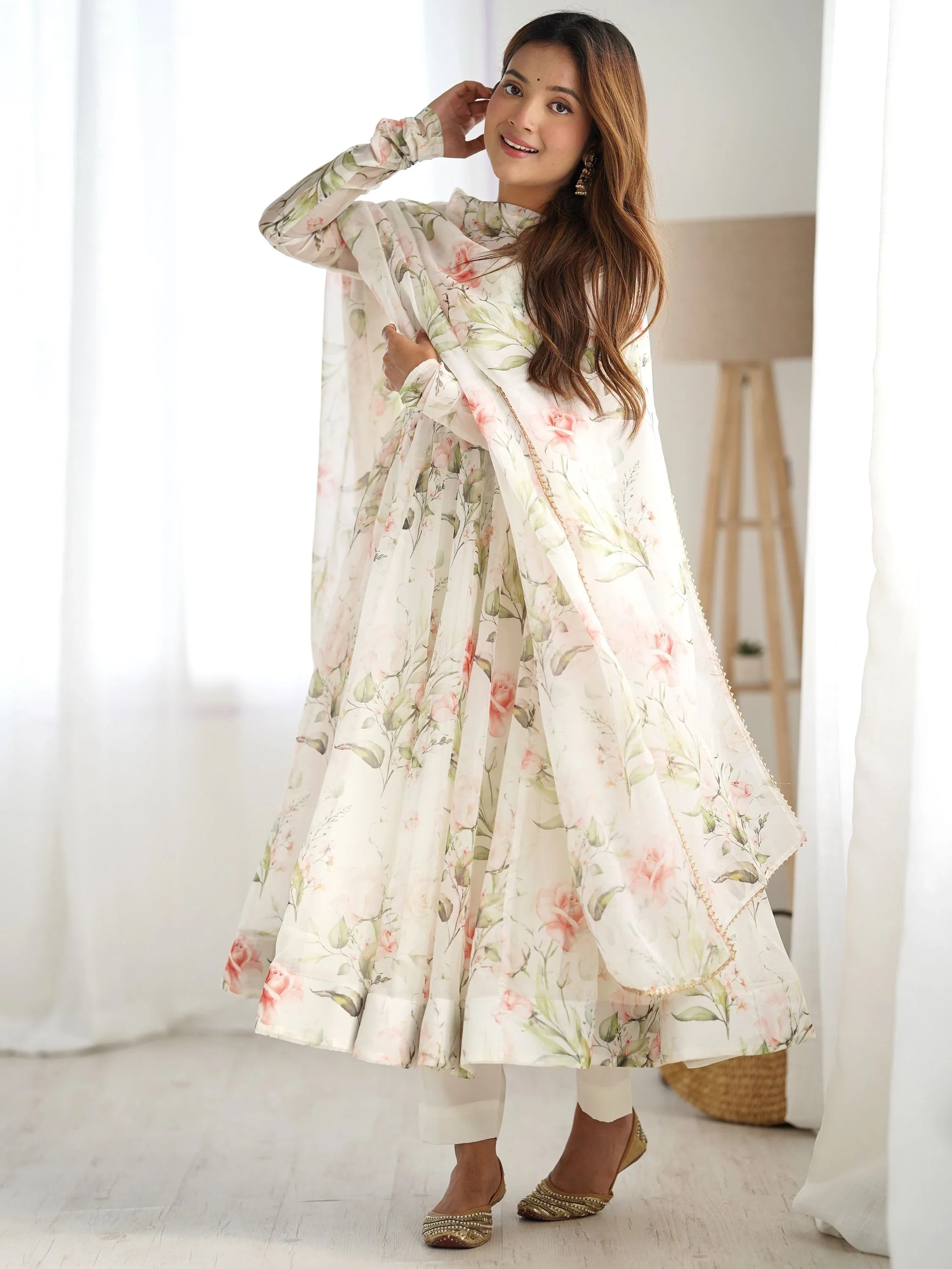 White Floral Printed Organza Anarkali Suit With Dupatta for Women