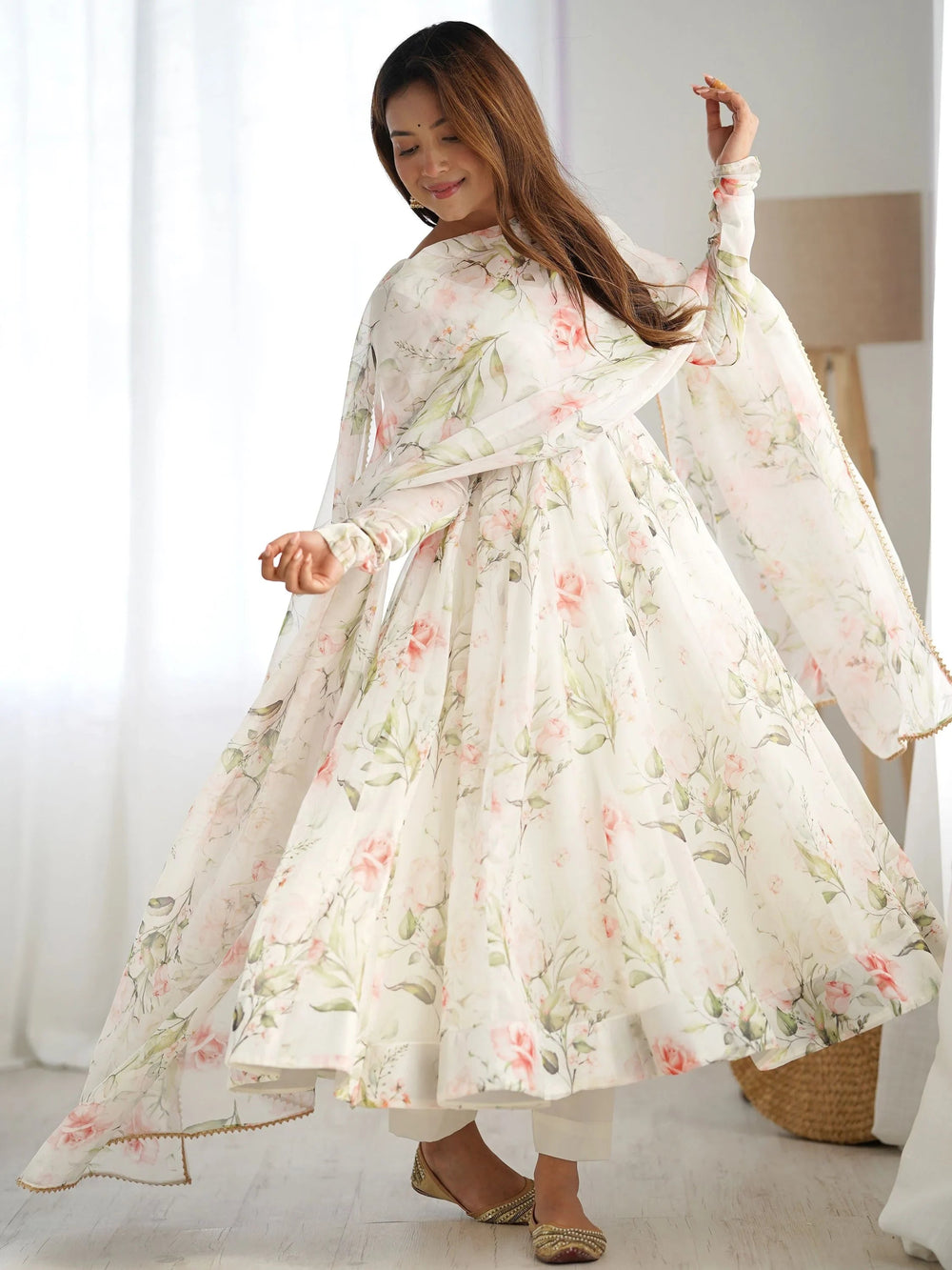White Floral Printed Organza Anarkali Suit With Dupatta for Women