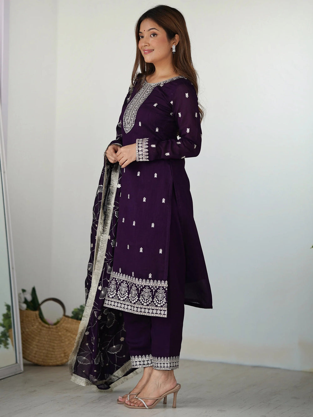 Purple Zari Embroidered Silk Festival Wear Pant Suit