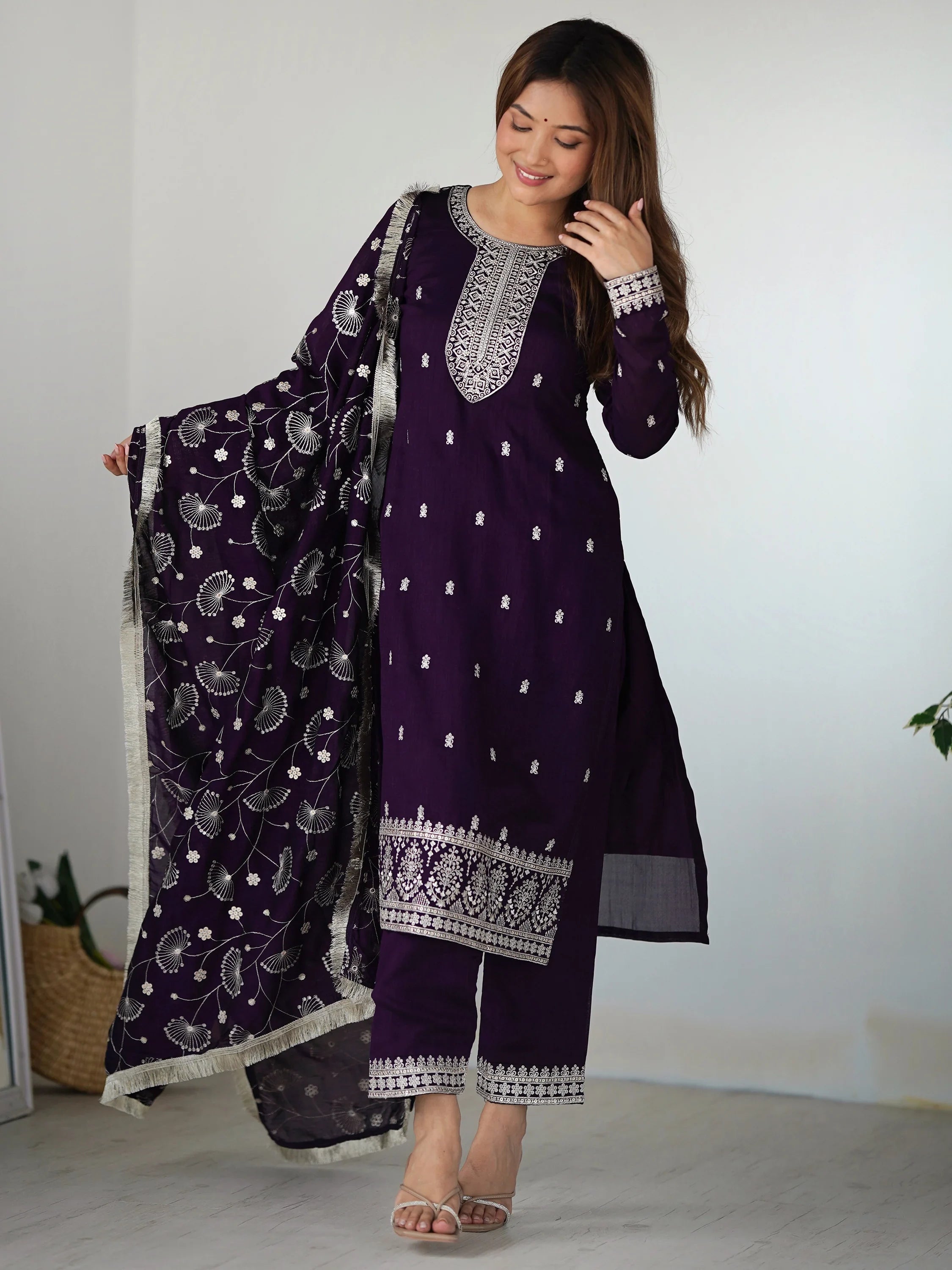 Purple Zari Embroidered Silk Festival Wear Pant Suit
