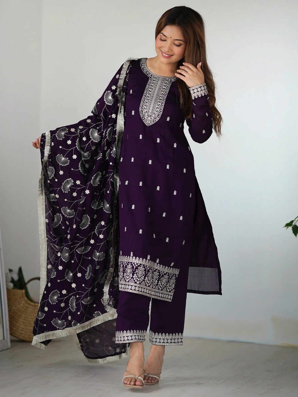 Purple Zari Embroidered Silk Festival Wear Pant Suit