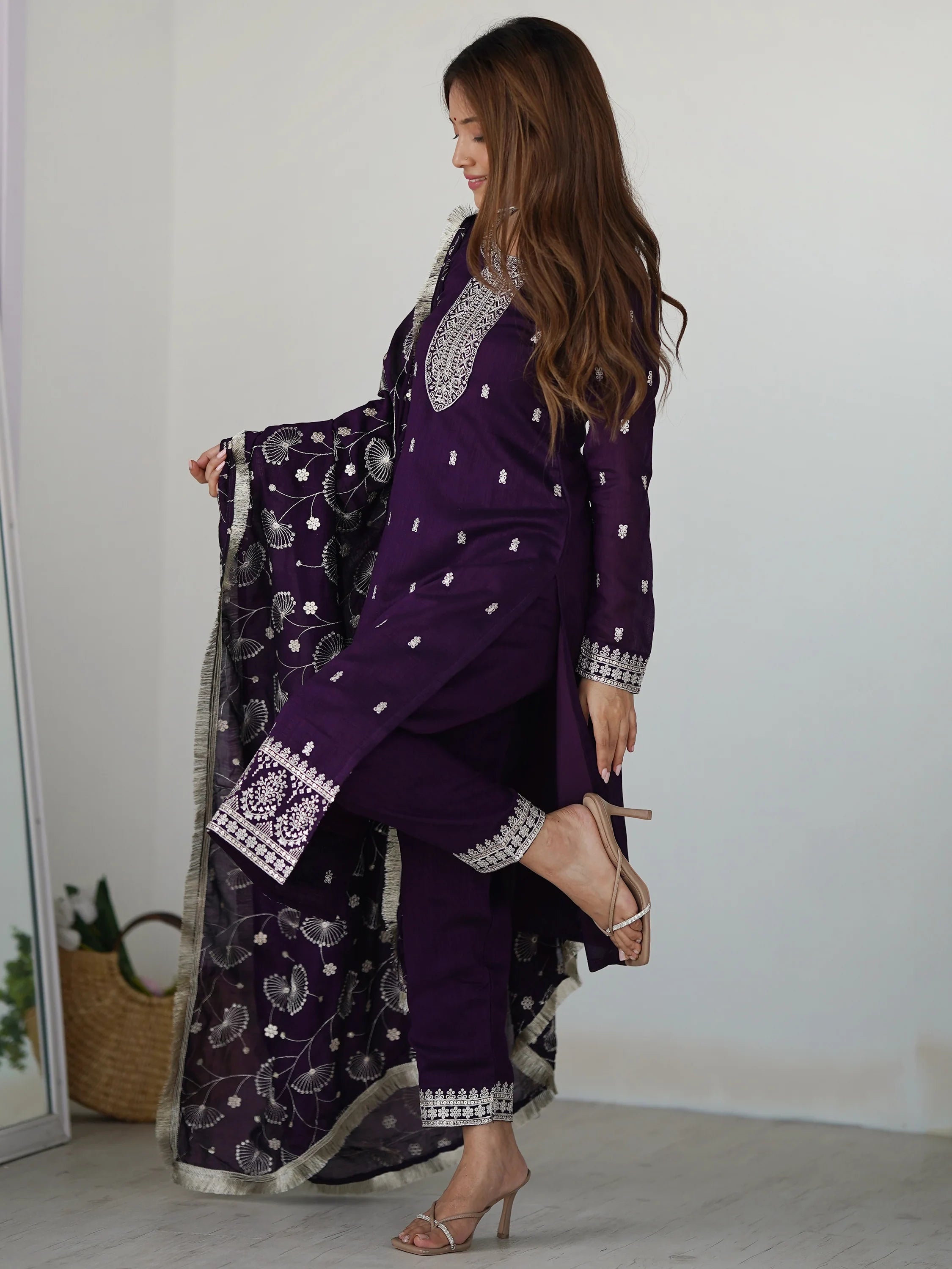 Purple Zari Embroidered Silk Festival Wear Pant Suit
