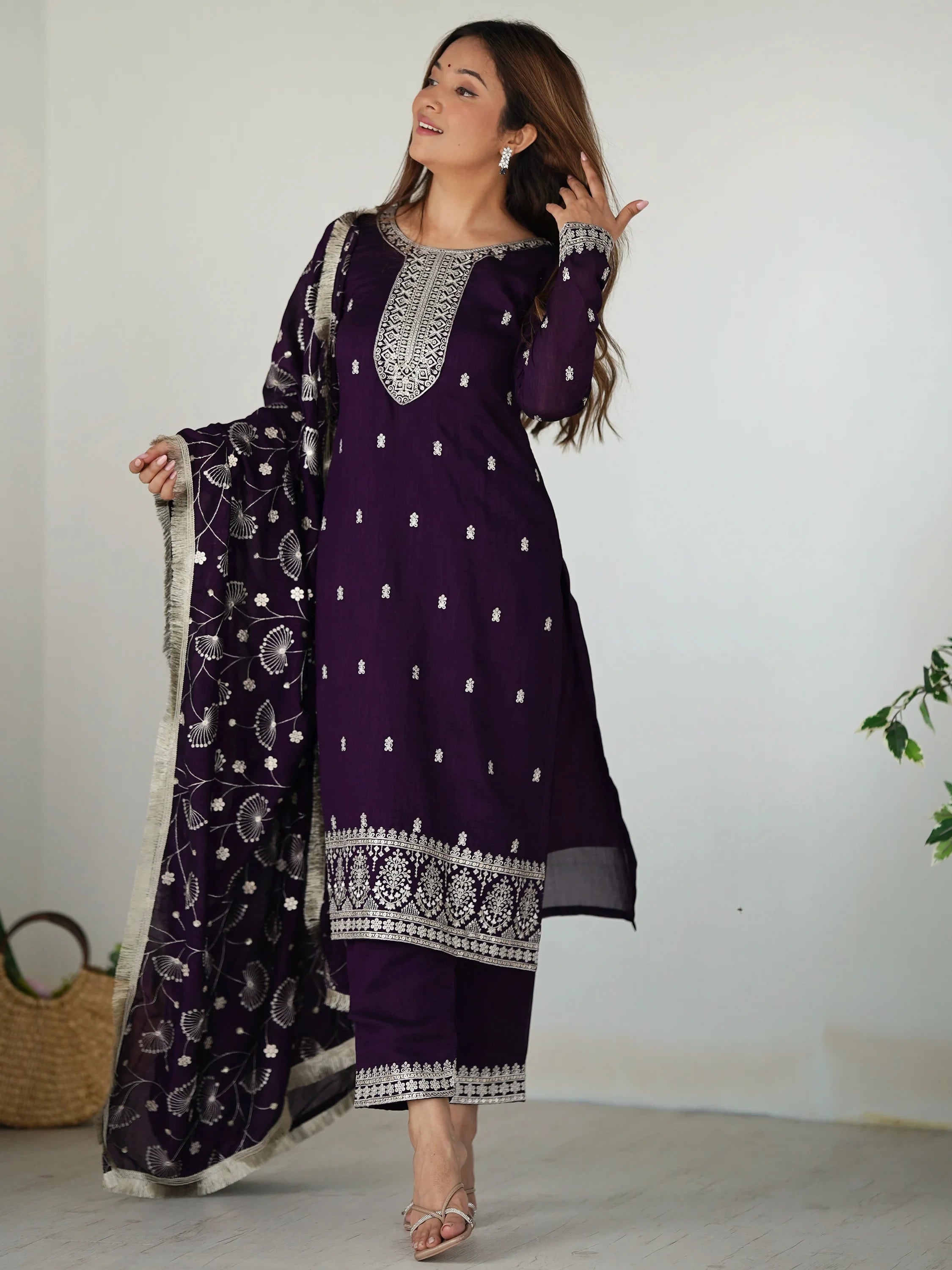 Purple Zari Embroidered Silk Festival Wear Pant Suit