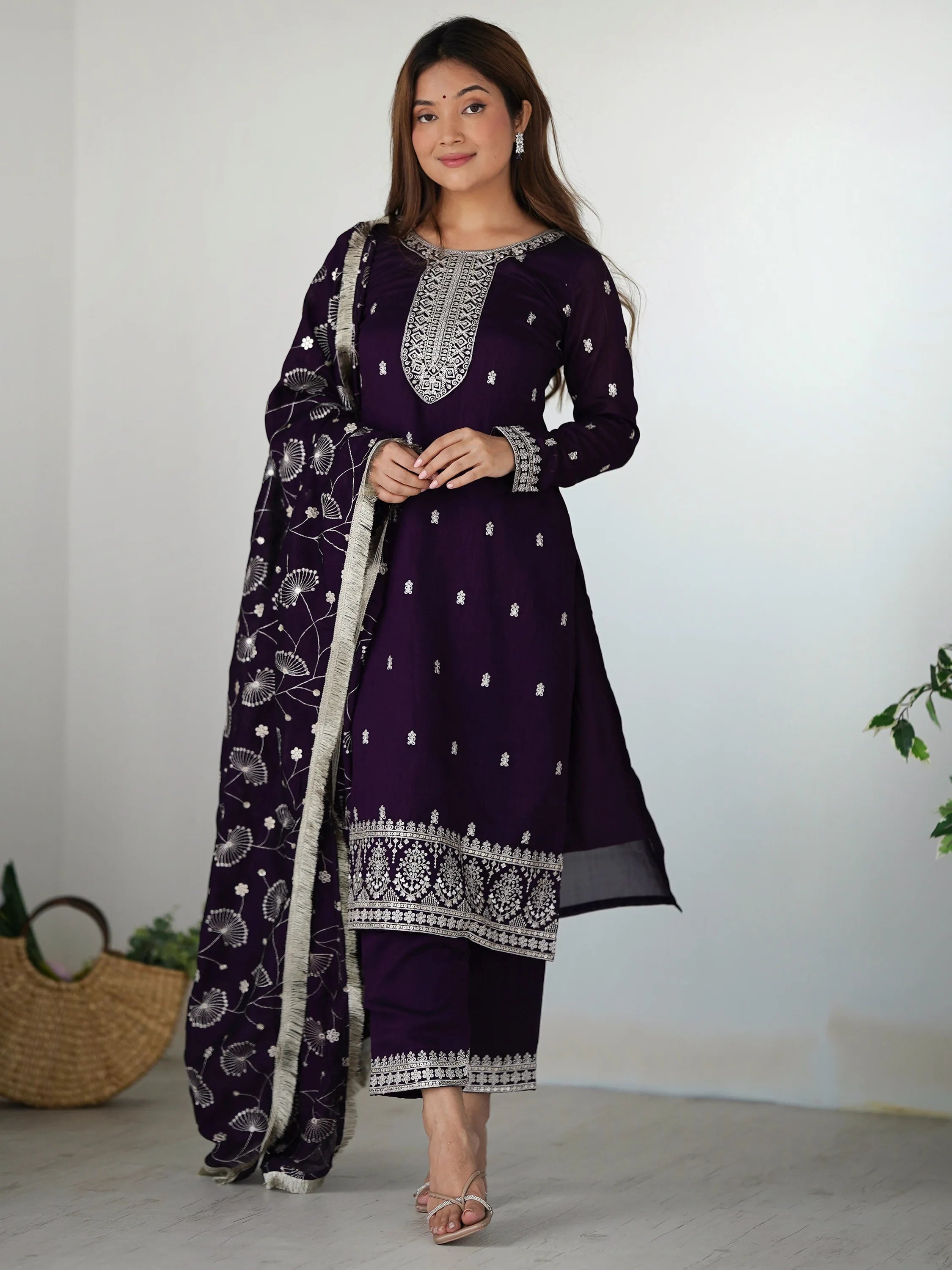Purple Zari Embroidered Silk Festival Wear Pant Suit