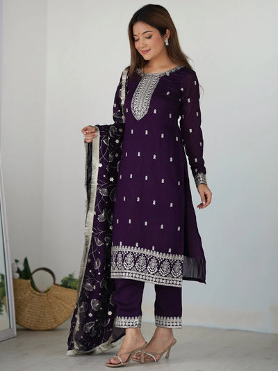 Purple Zari Embroidered Silk Festival Wear Pant Suit