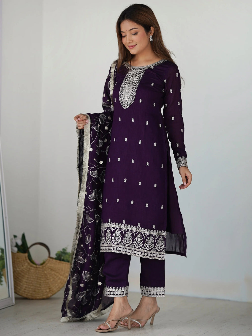 Purple Zari Embroidered Silk Festival Wear Pant Suit