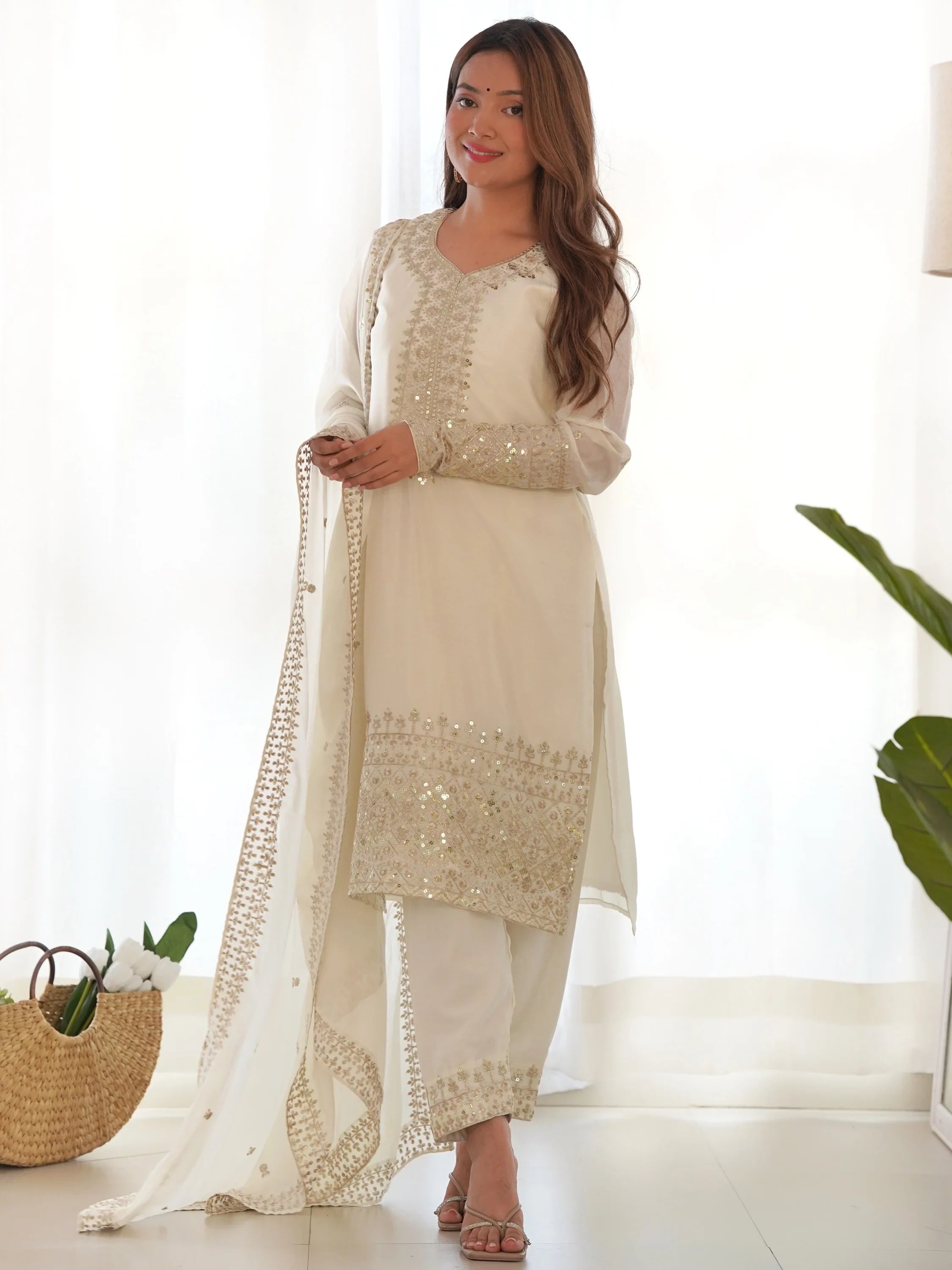 White Sequins Chinon Silk Traditional Pant Suit