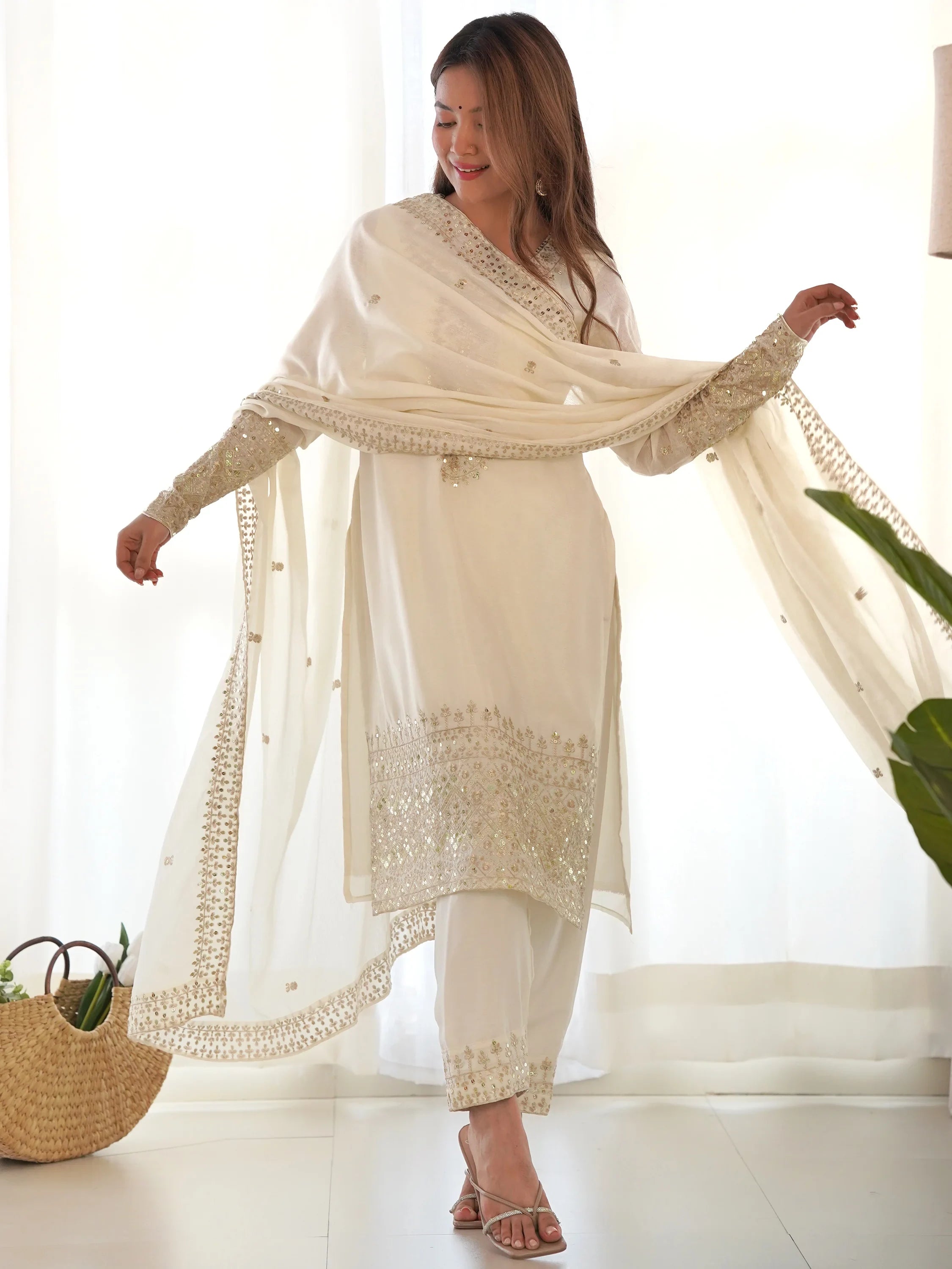 White Sequins Chinon Silk Traditional Pant Suit