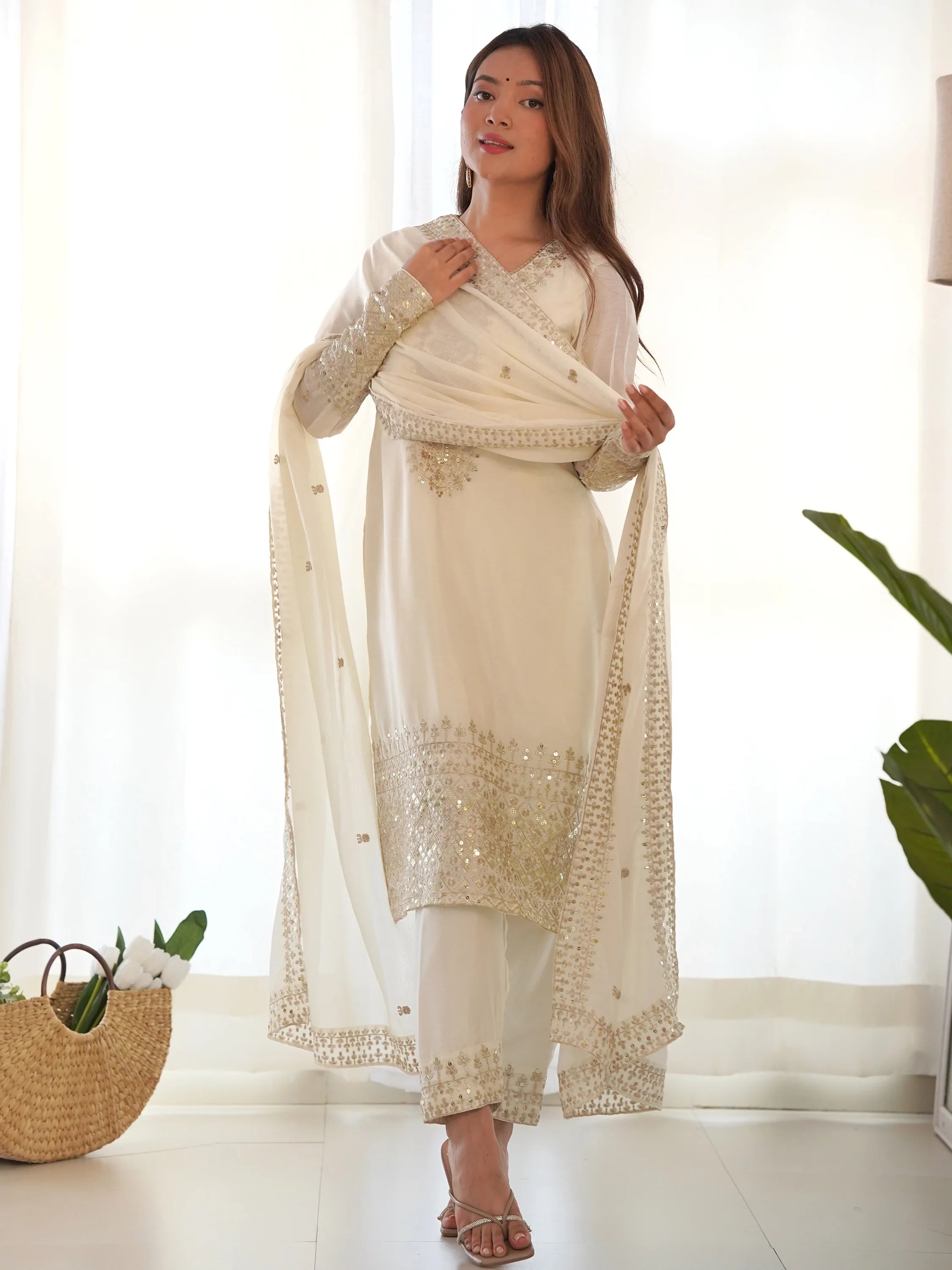 White Sequins Chinon Silk Traditional Pant Suit