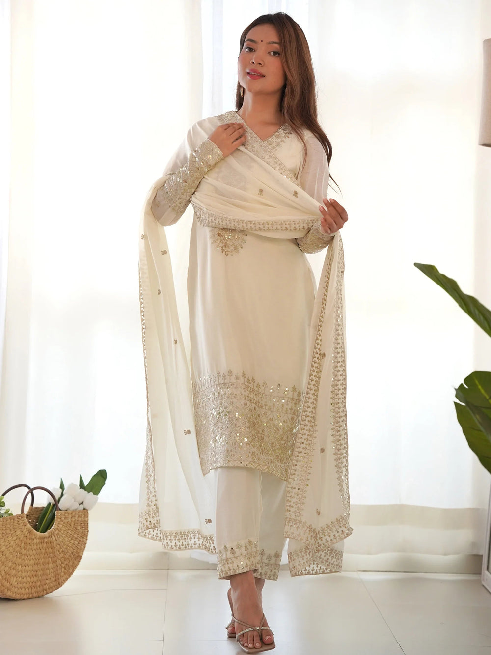 White Sequins Chinon Silk Traditional Pant Suit