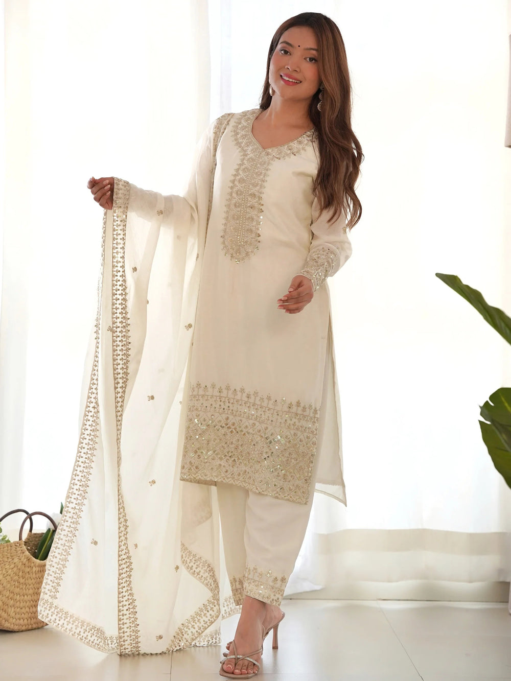White Sequins Chinon Silk Traditional Pant Suit