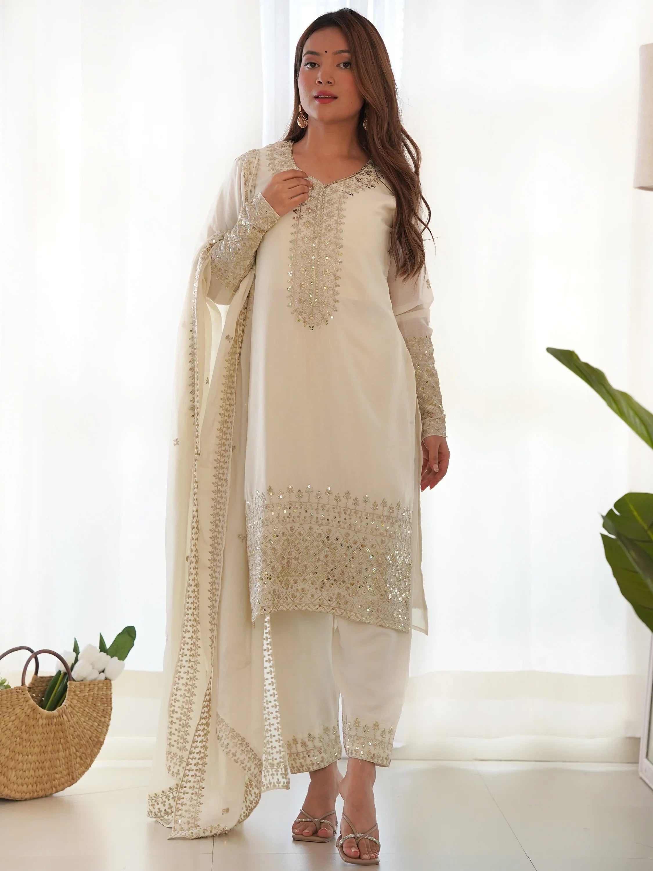 White Sequins Chinon Silk Traditional Pant Suit