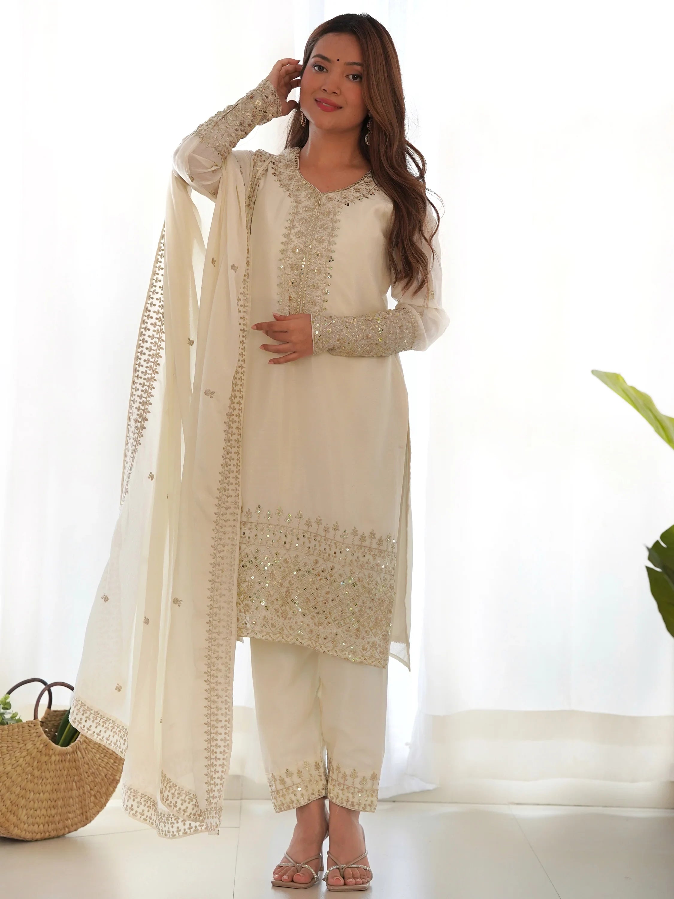 White Sequins Chinon Silk Traditional Pant Suit