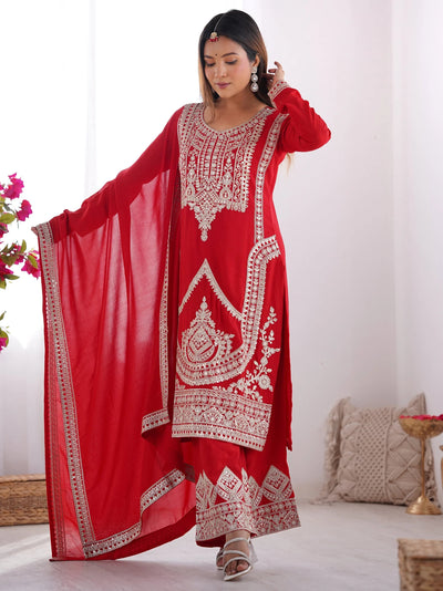 Red Dori Work Silk Wedding Palazzo Suit With Dupatta for Women